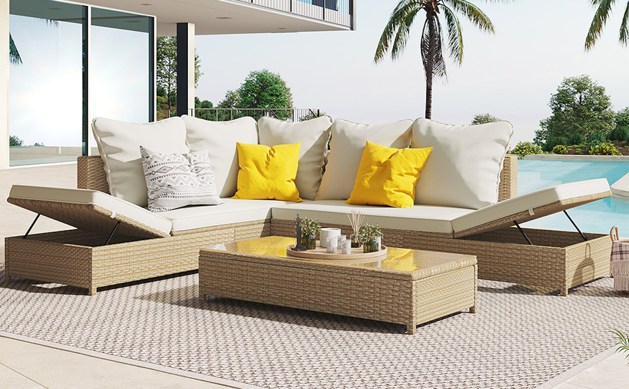 3-Pieces Outdoor All Weather PE Wicker Patio Sectional with Adjustable Chaise Lounge Frame,Tempered Glass Table and Cushions(SP)