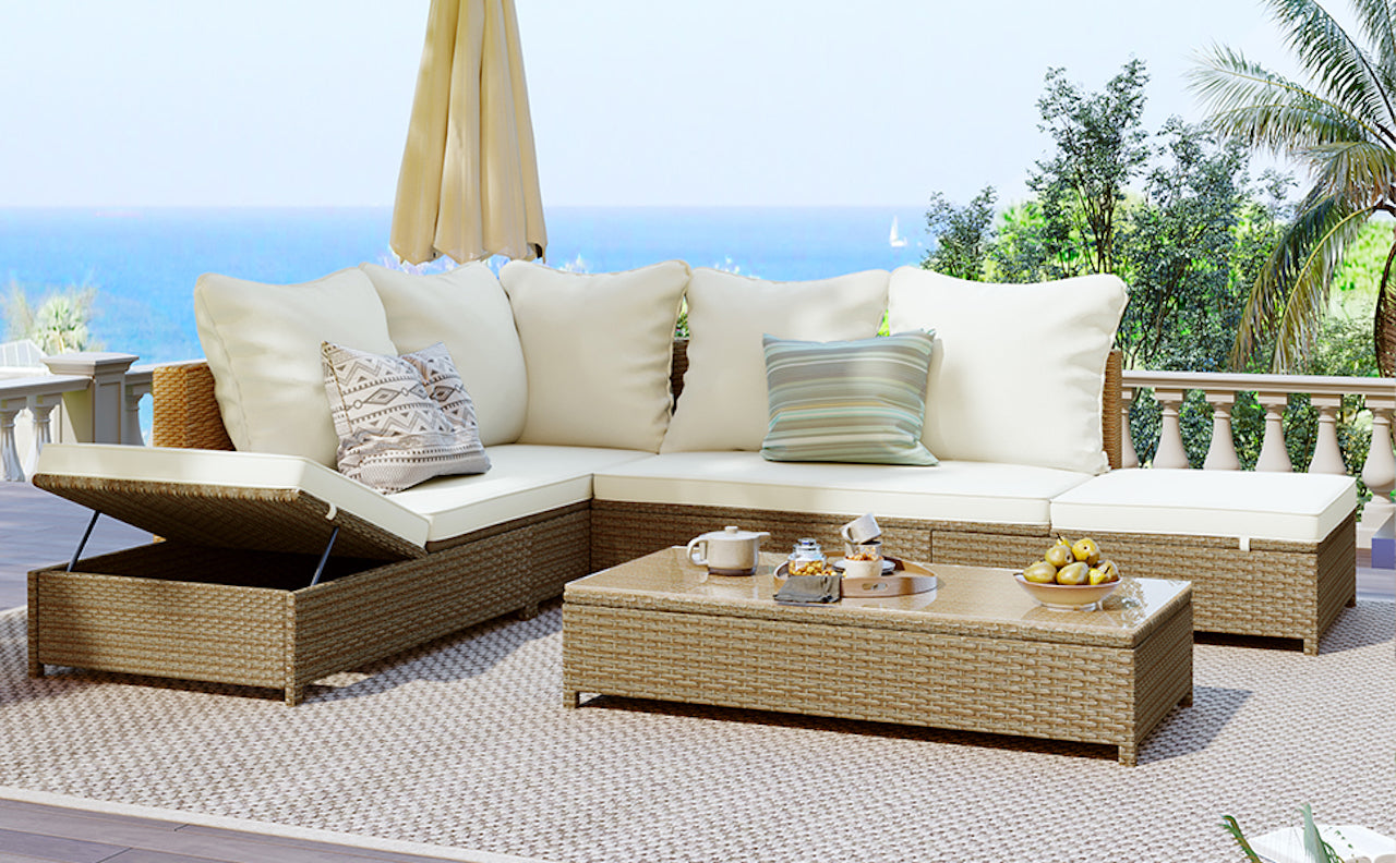 3-Pieces Outdoor All Weather PE Wicker Patio Sectional with Adjustable Chaise Lounge Frame,Tempered Glass Table and Cushions(SP)