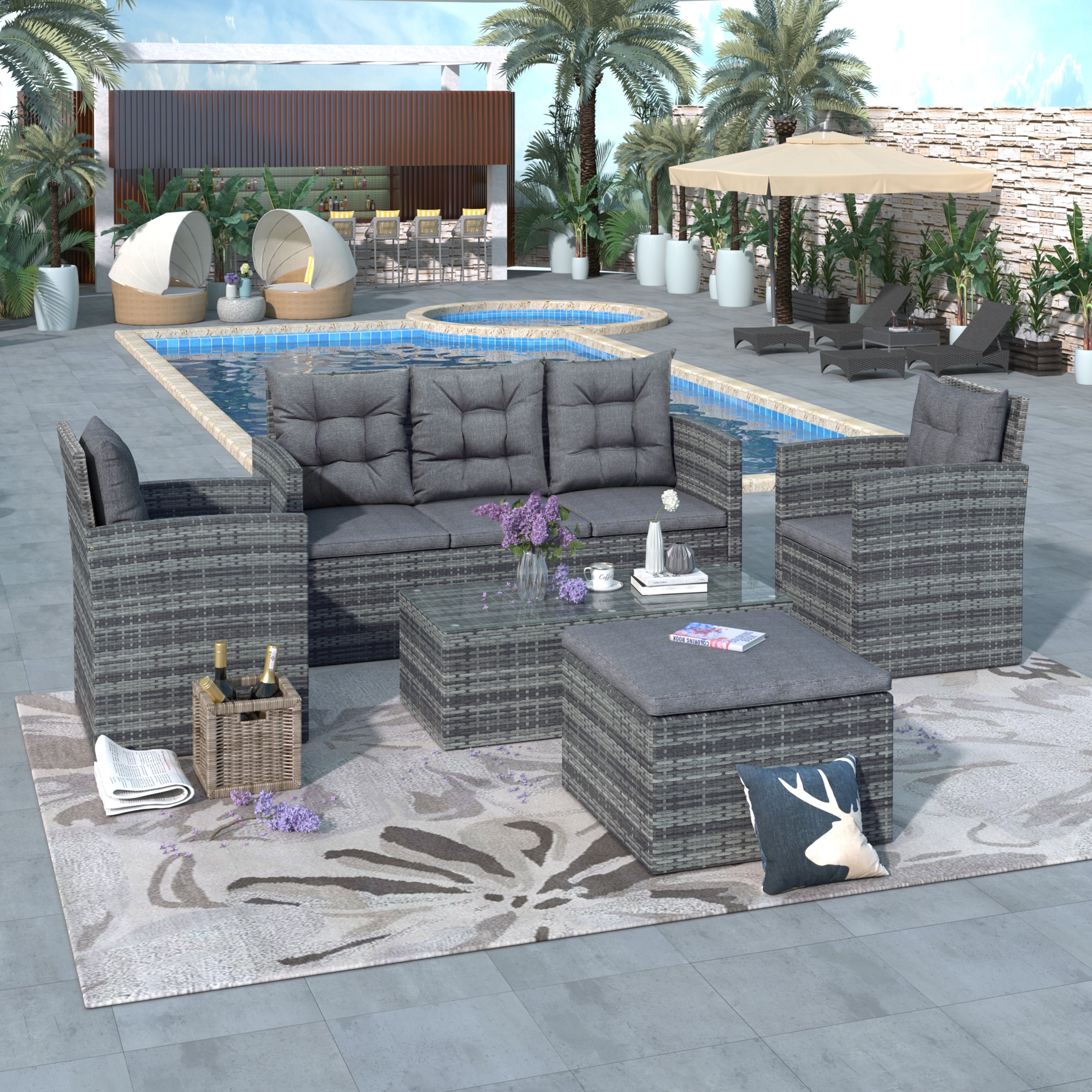5-Piece Outdoor UV-Resistant Wicker Patio Sofa Set with Storage Bench and Table