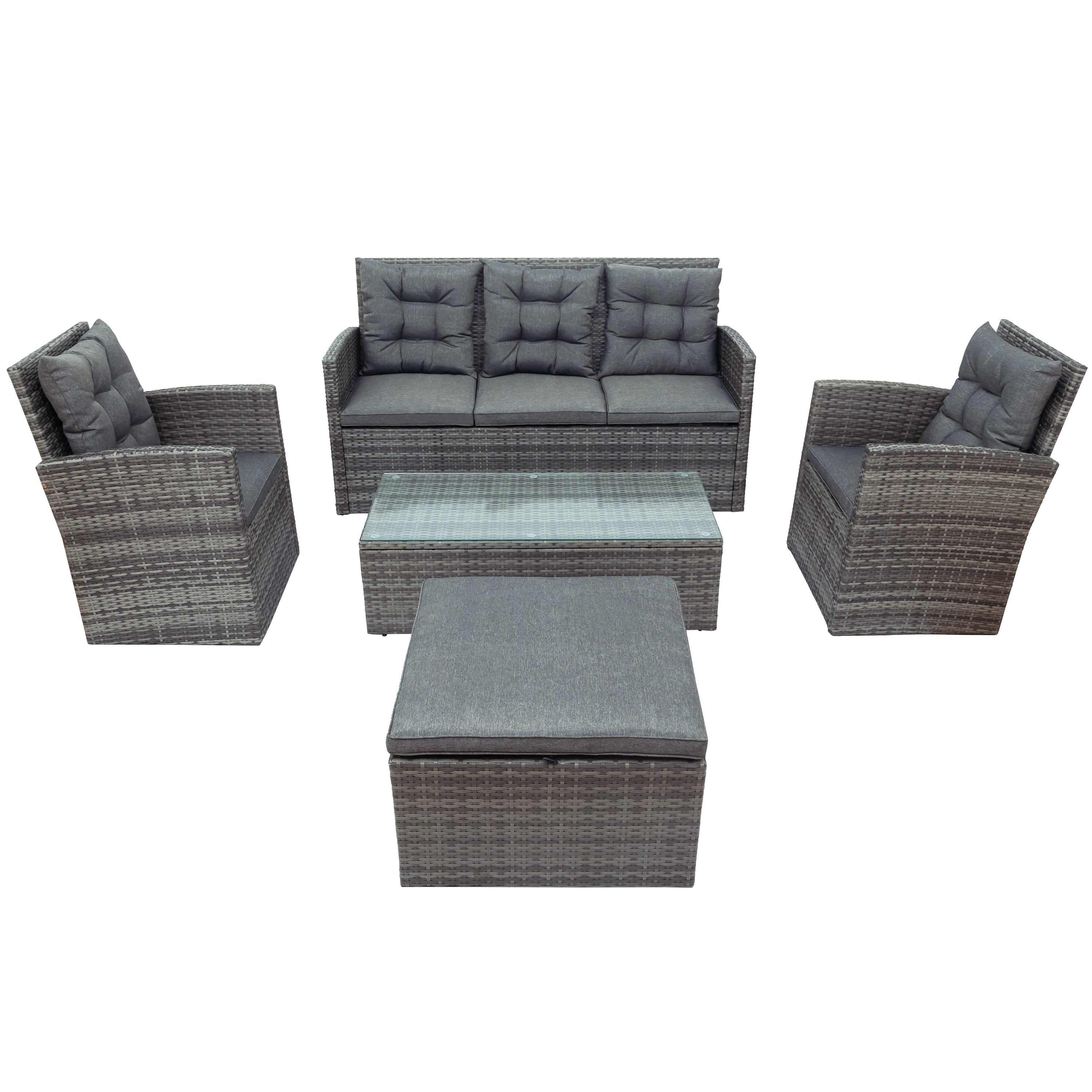 5-Piece Outdoor UV-Resistant Wicker Patio Sofa Set with Storage Bench and Table
