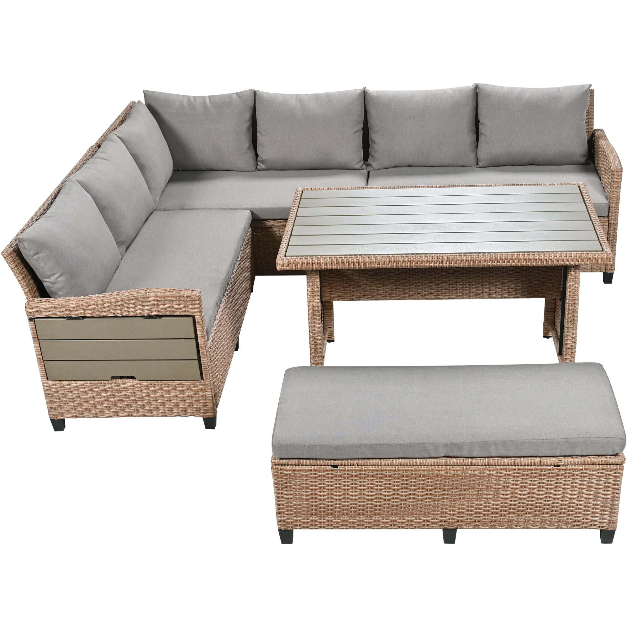 5-Piece Outdoor Wicker Patio Sectional with 2 Extendable Side Tables, Dining Table and Washable Covers