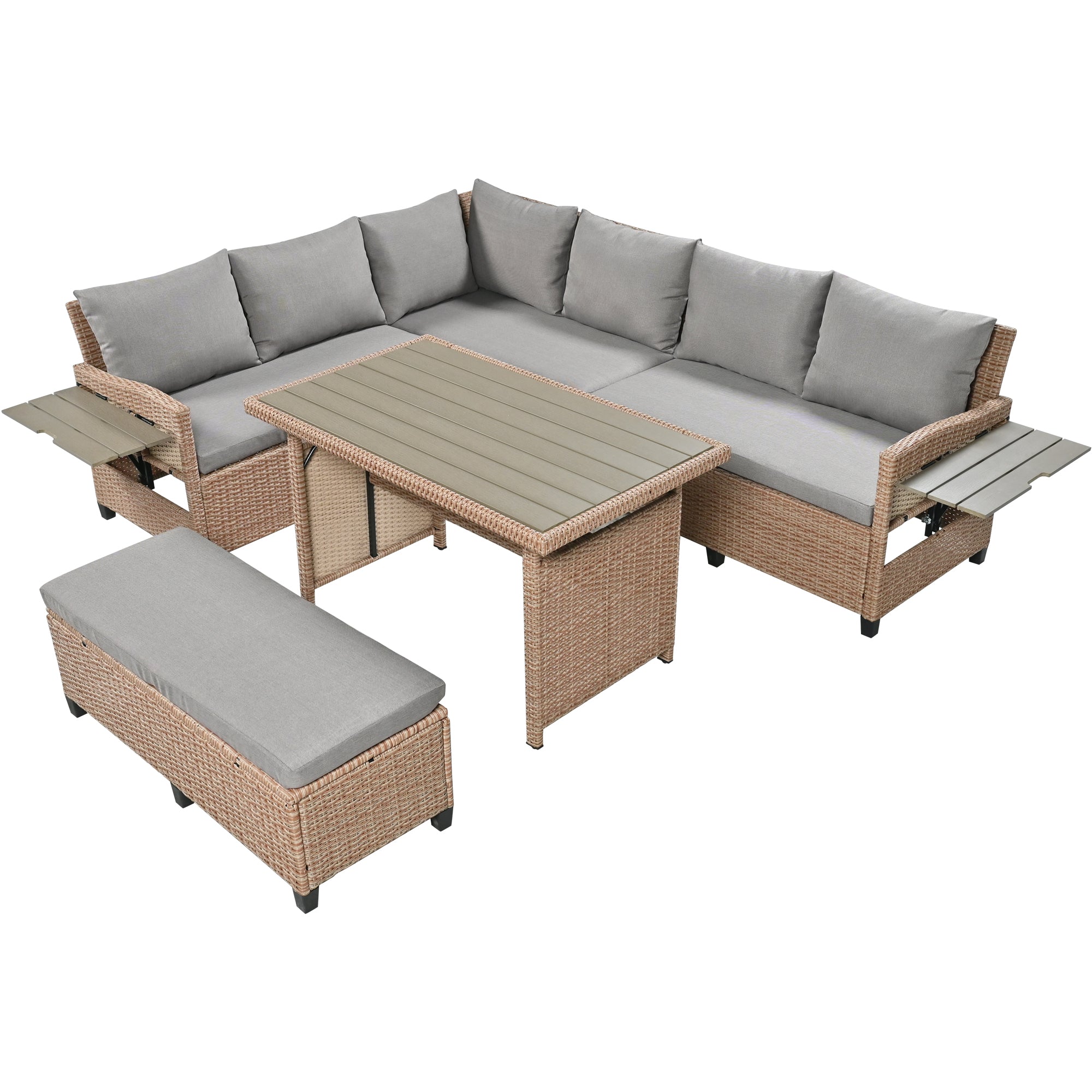 5-Piece Outdoor Wicker Patio Sectional with 2 Extendable Side Tables, Dining Table and Washable Covers
