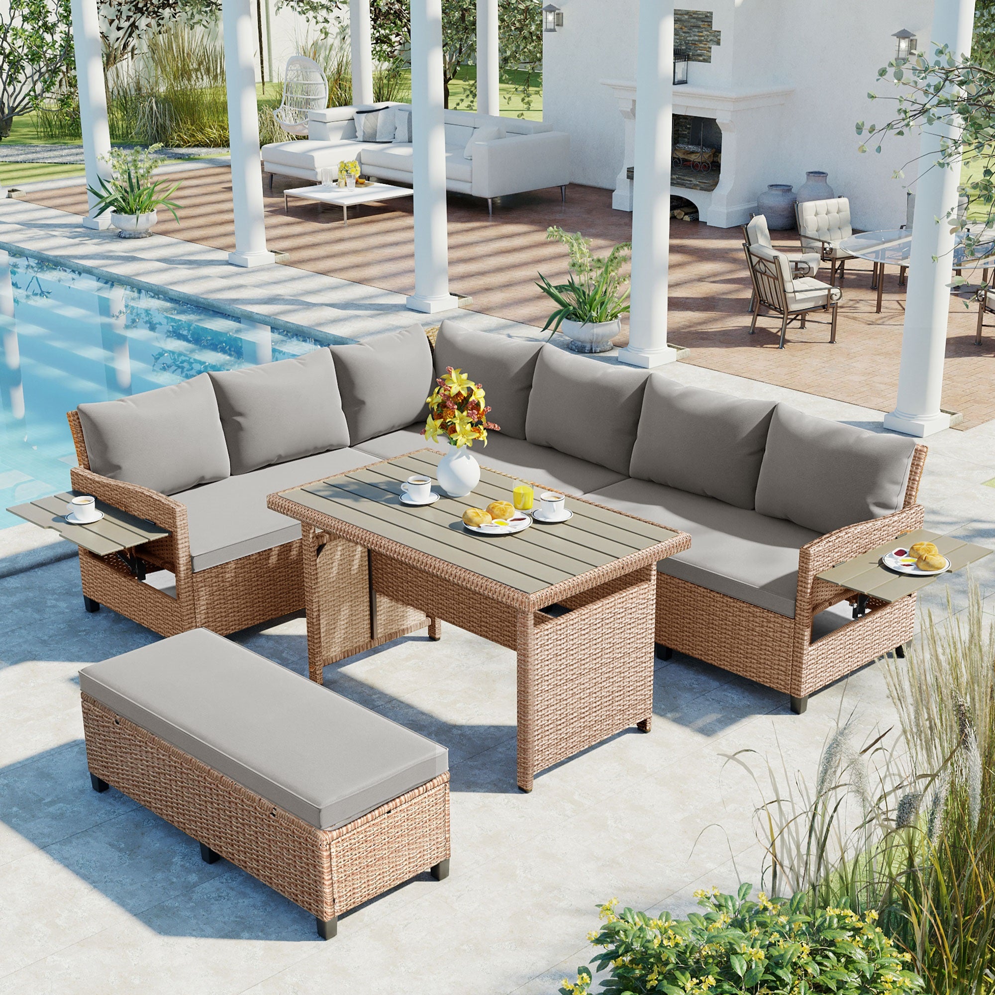 5-Piece Outdoor Wicker Patio Sectional with 2 Extendable Side Tables, Dining Table and Washable Covers