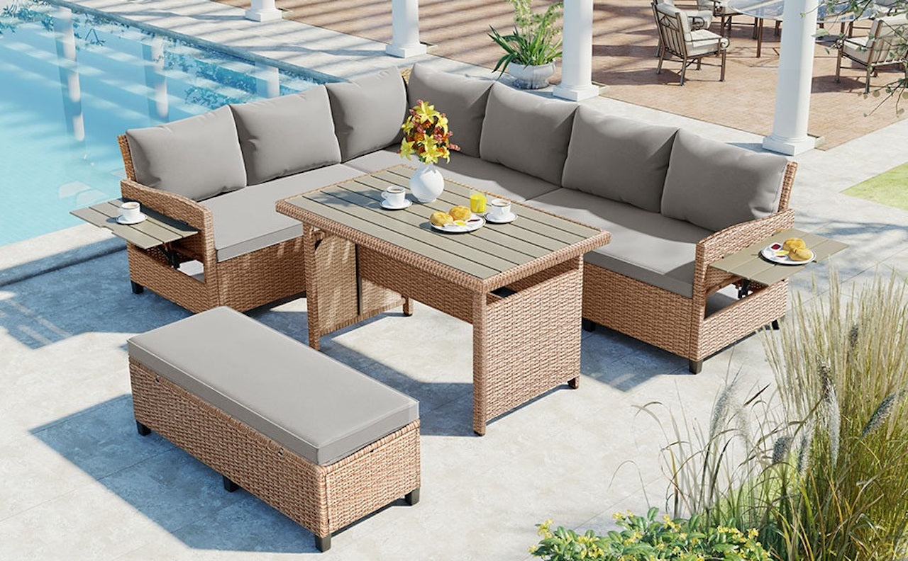 5-Piece Outdoor Wicker Patio Sectional with 2 Extendable Side Tables, Dining Table and Washable Covers