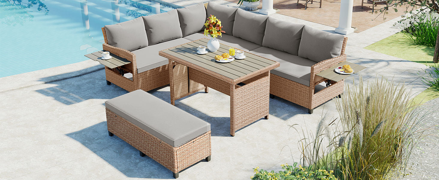 5-Piece Outdoor Wicker Patio Sectional with 2 Extendable Side Tables, Dining Table and Washable Covers
