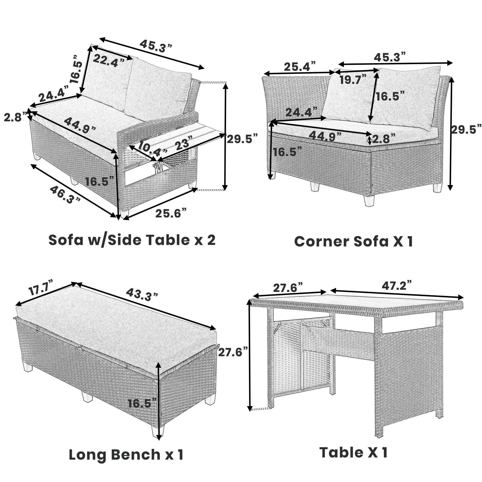 5-Piece Outdoor Wicker Patio Sectional with 2 Extendable Side Tables, Dining Table and Washable Covers