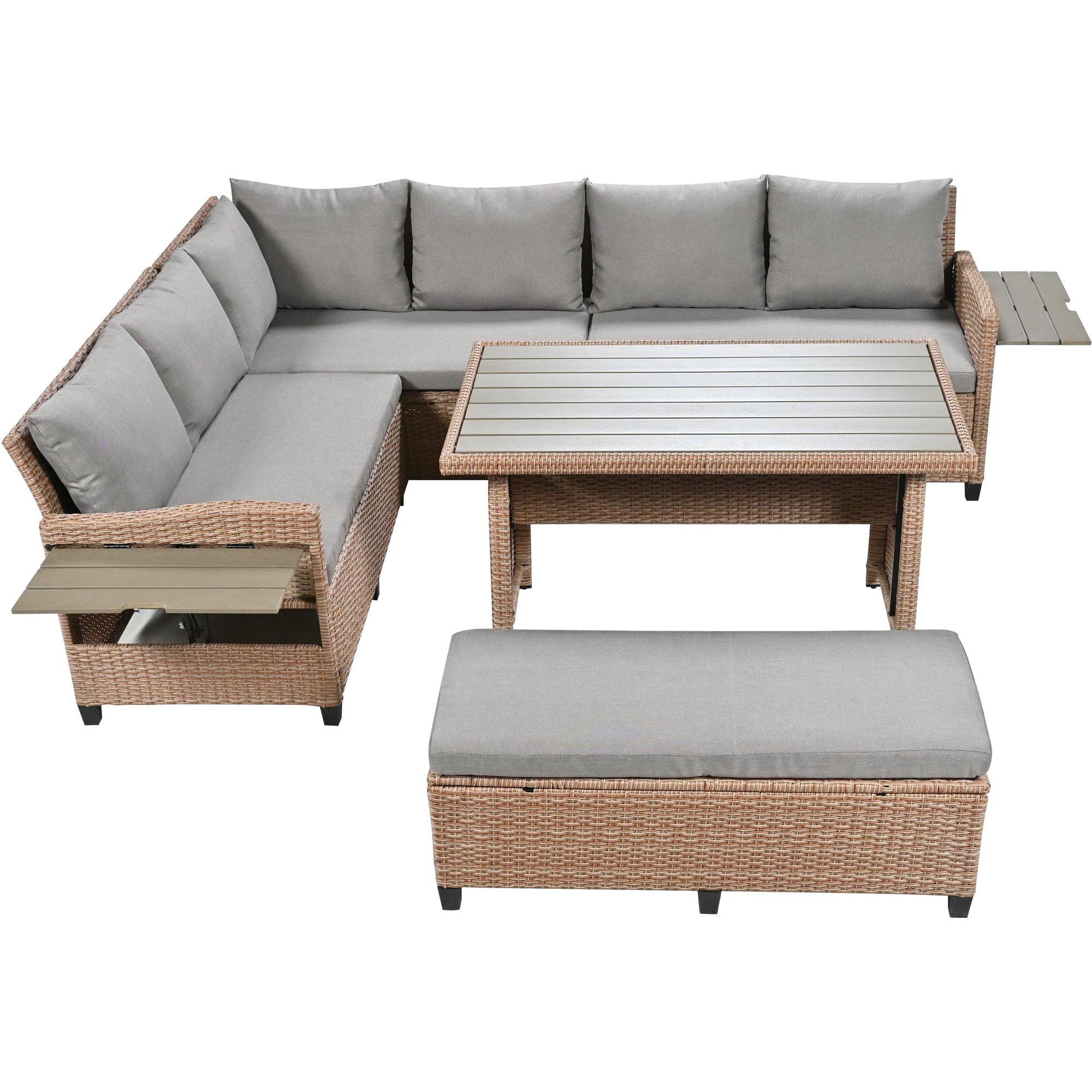 5-Piece Outdoor Wicker Patio Sectional with 2 Extendable Side Tables, Dining Table and Washable Covers