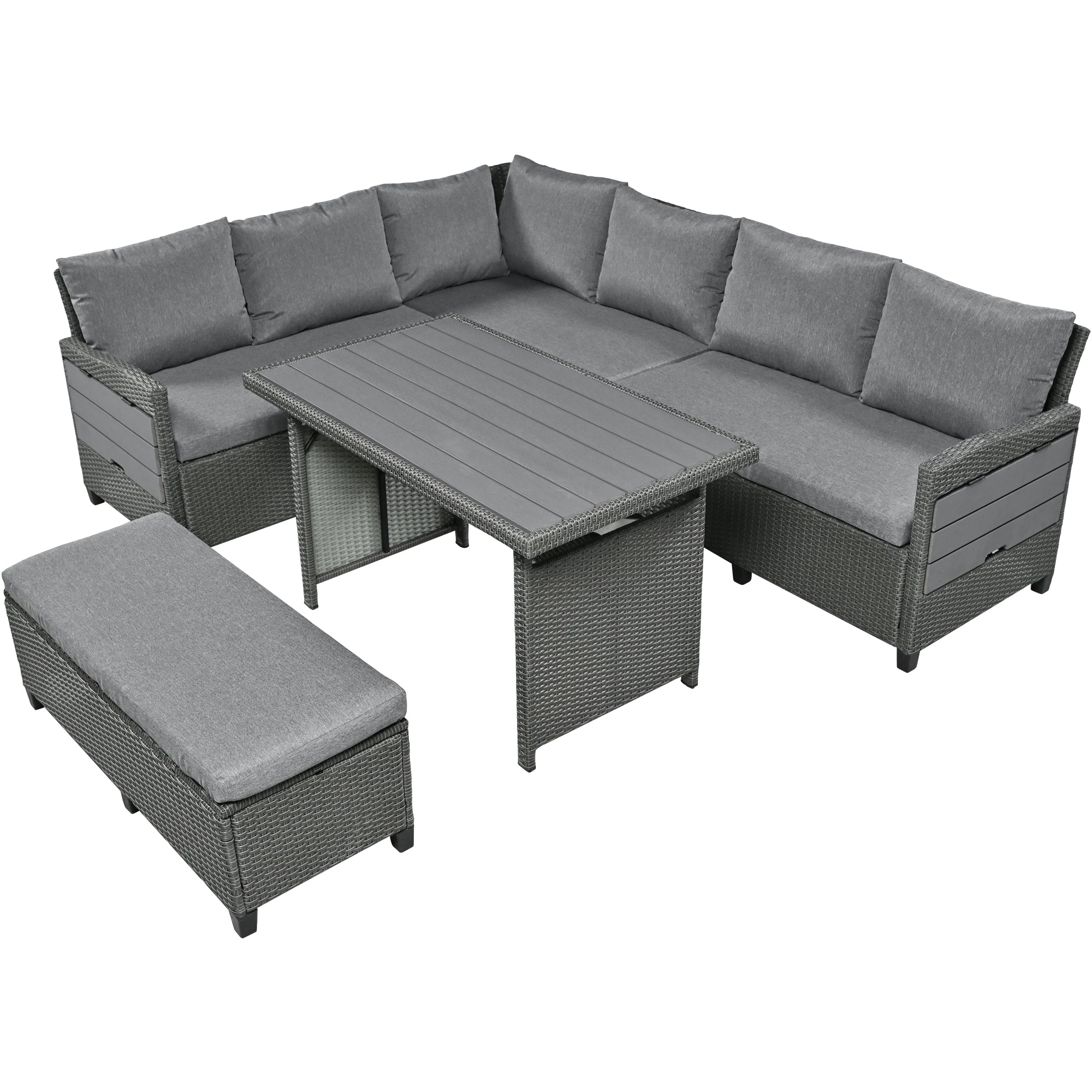 5-Piece Outdoor Wicker Patio Sectional with 2 Extendable Side Tables, Dining Table and Washable Covers