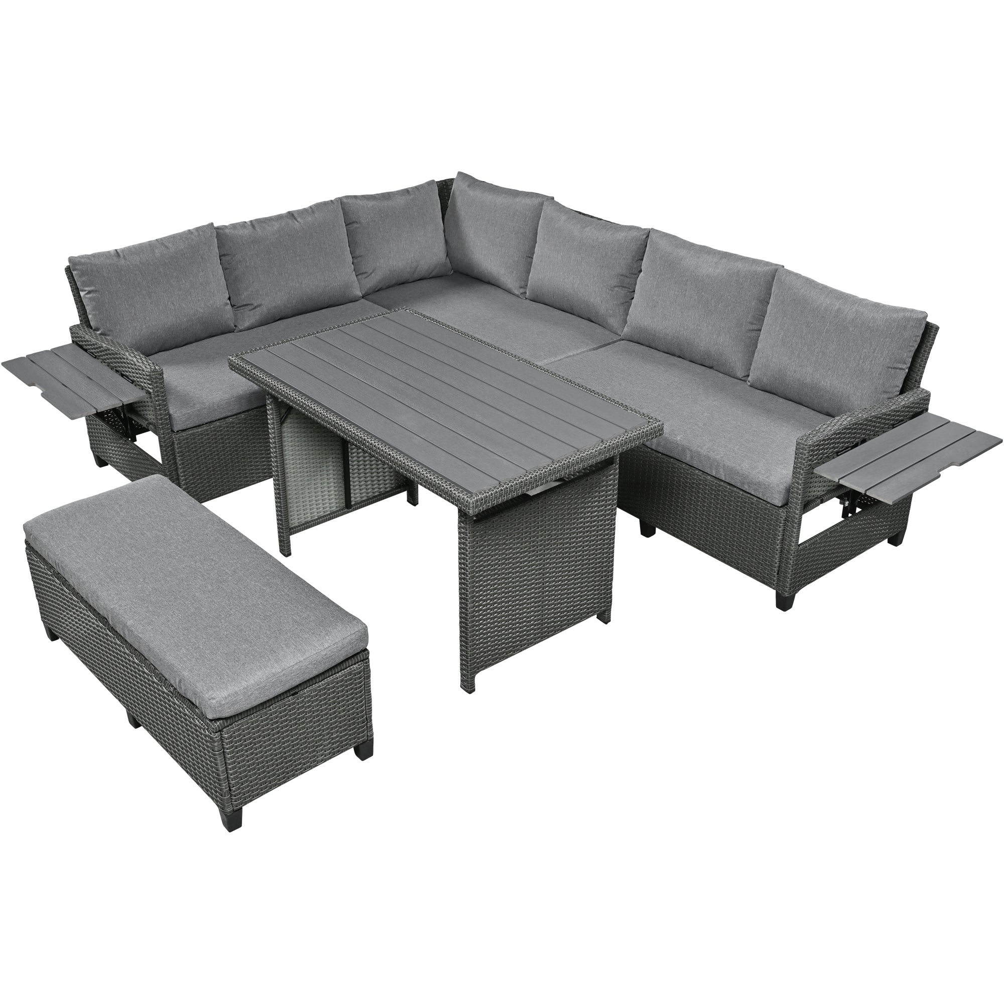5-Piece Outdoor Wicker Patio Sectional with 2 Extendable Side Tables, Dining Table and Washable Covers