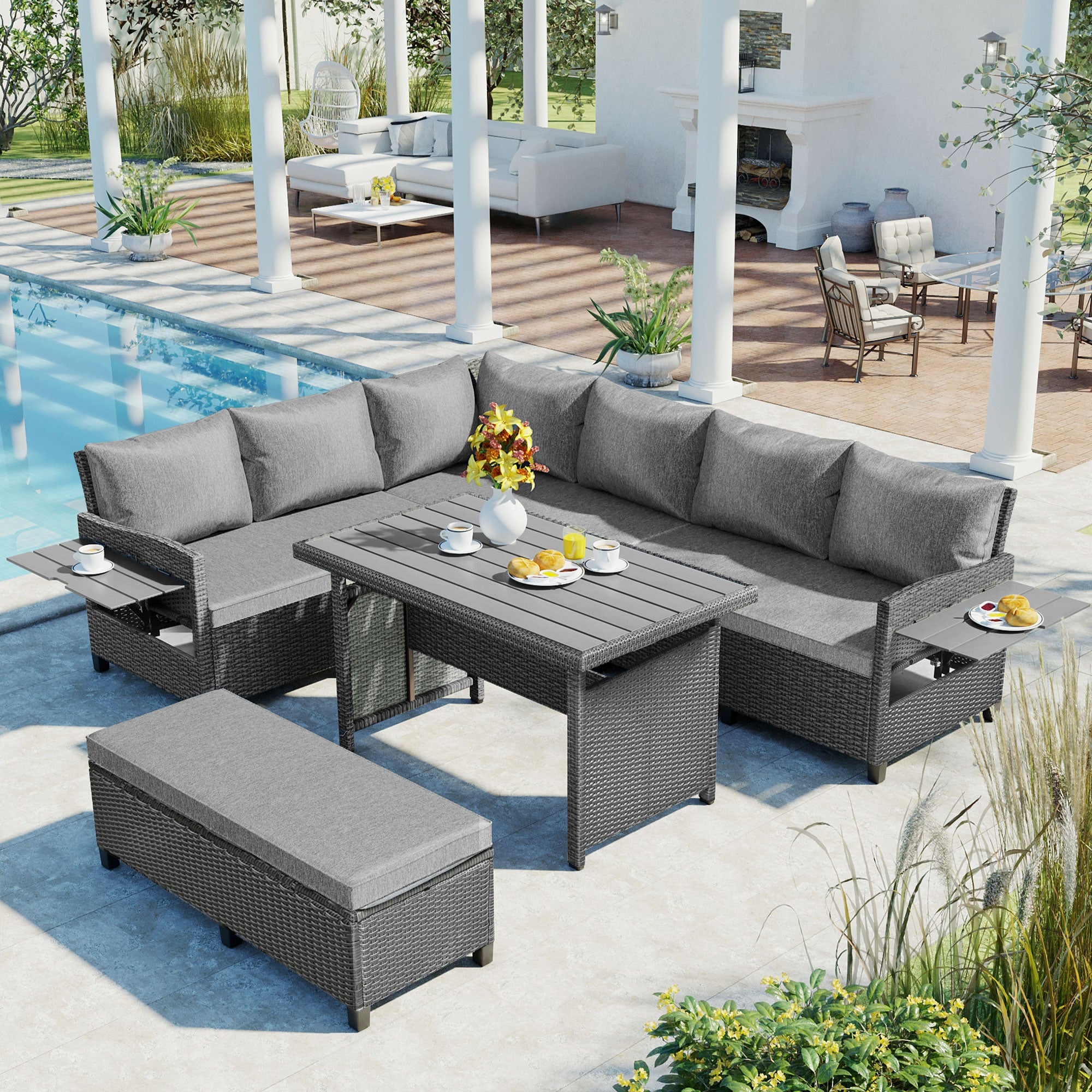 5-Piece Outdoor Wicker Patio Sectional with 2 Extendable Side Tables, Dining Table and Washable Covers