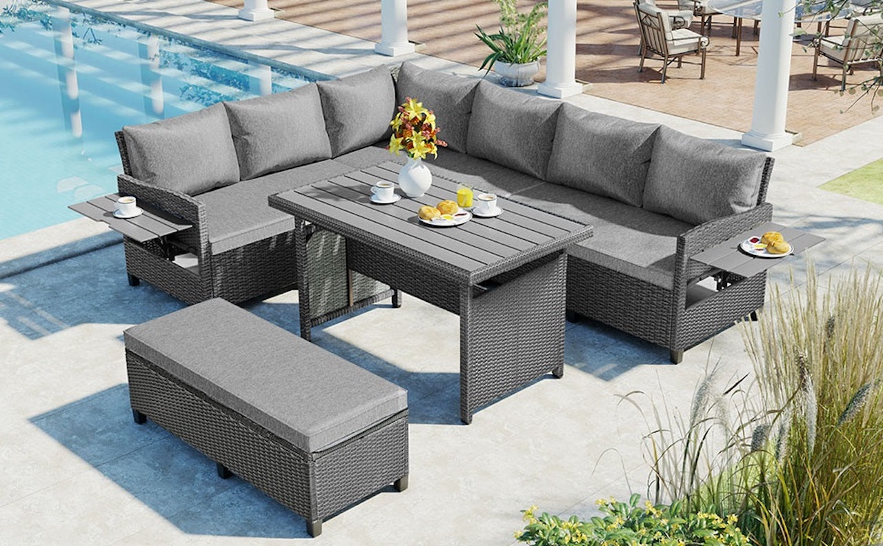 5-Piece Outdoor Wicker Patio Sectional with 2 Extendable Side Tables, Dining Table and Washable Covers