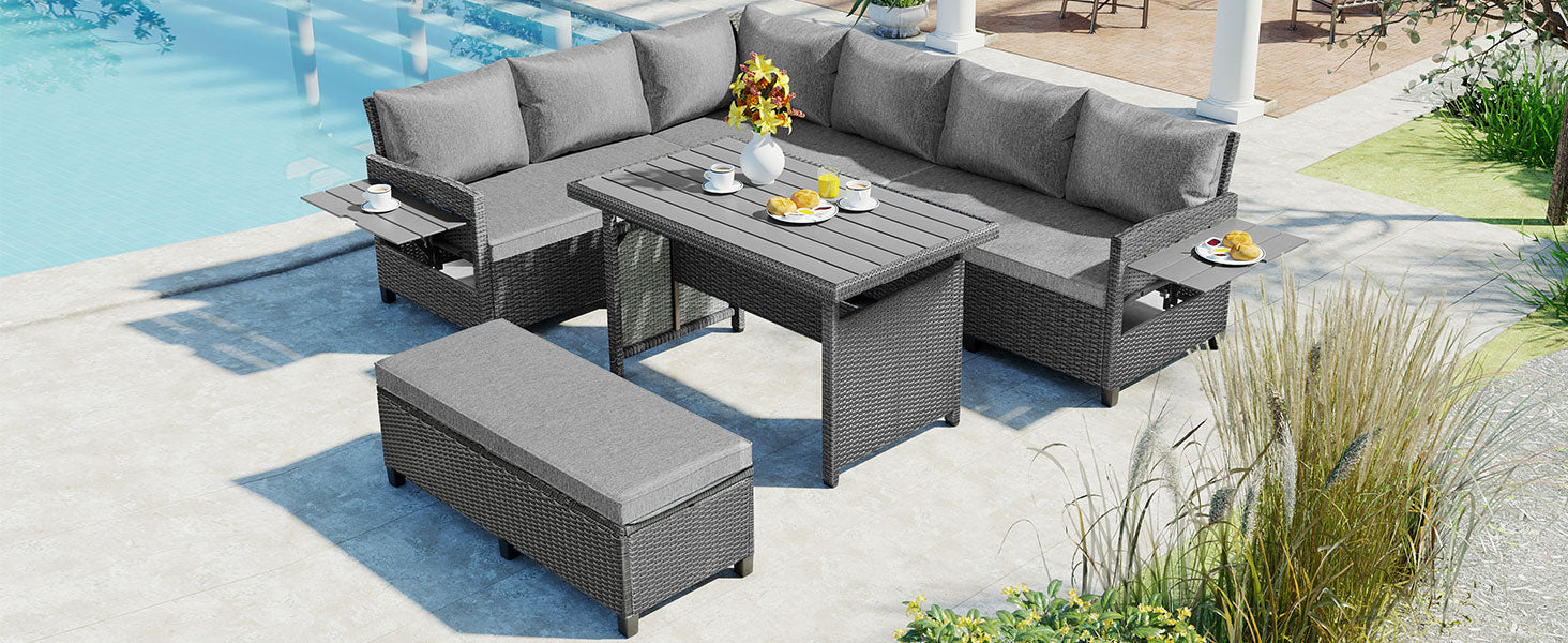 5-Piece Outdoor Wicker Patio Sectional with 2 Extendable Side Tables, Dining Table and Washable Covers