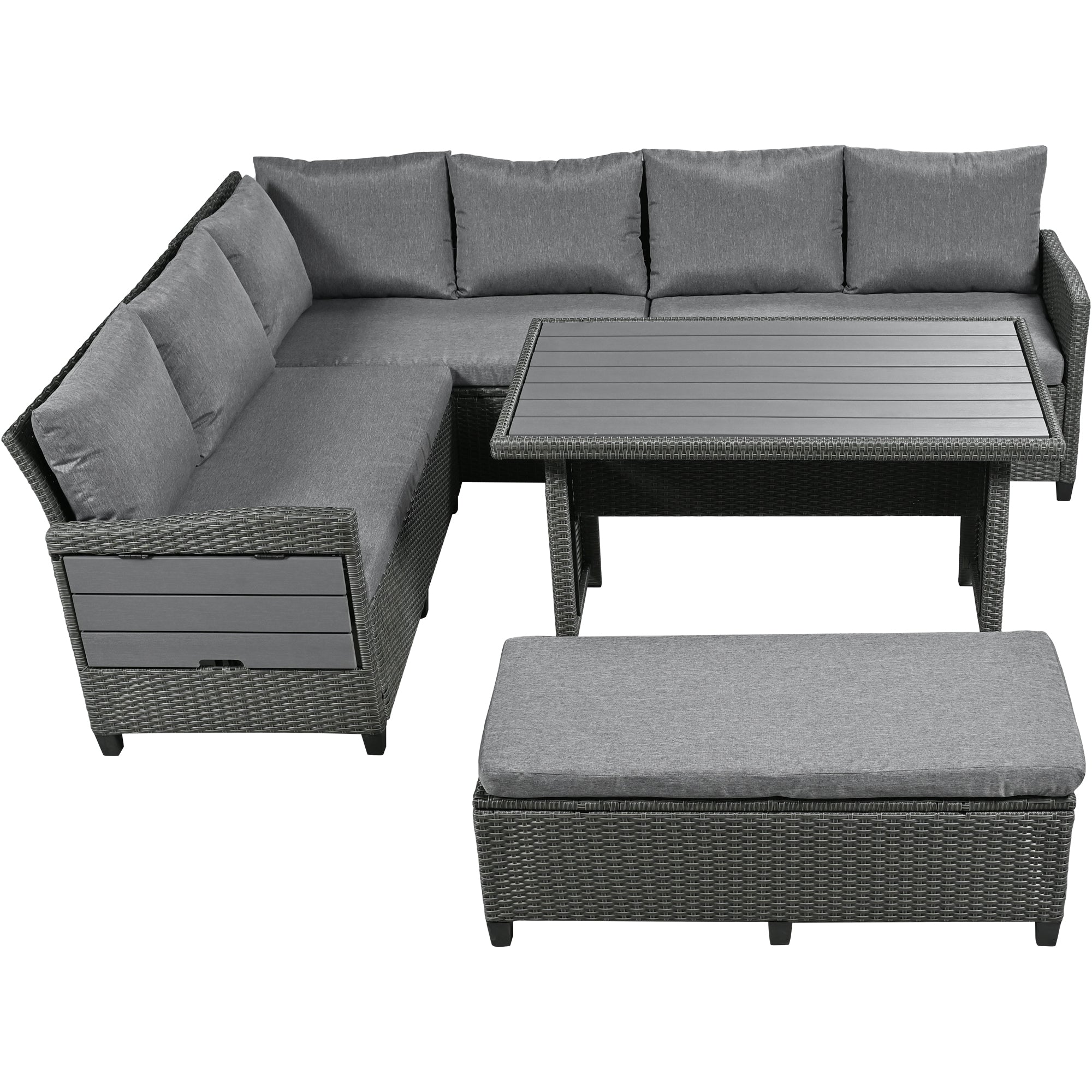 5-Piece Outdoor Wicker Patio Sectional with 2 Extendable Side Tables, Dining Table and Washable Covers