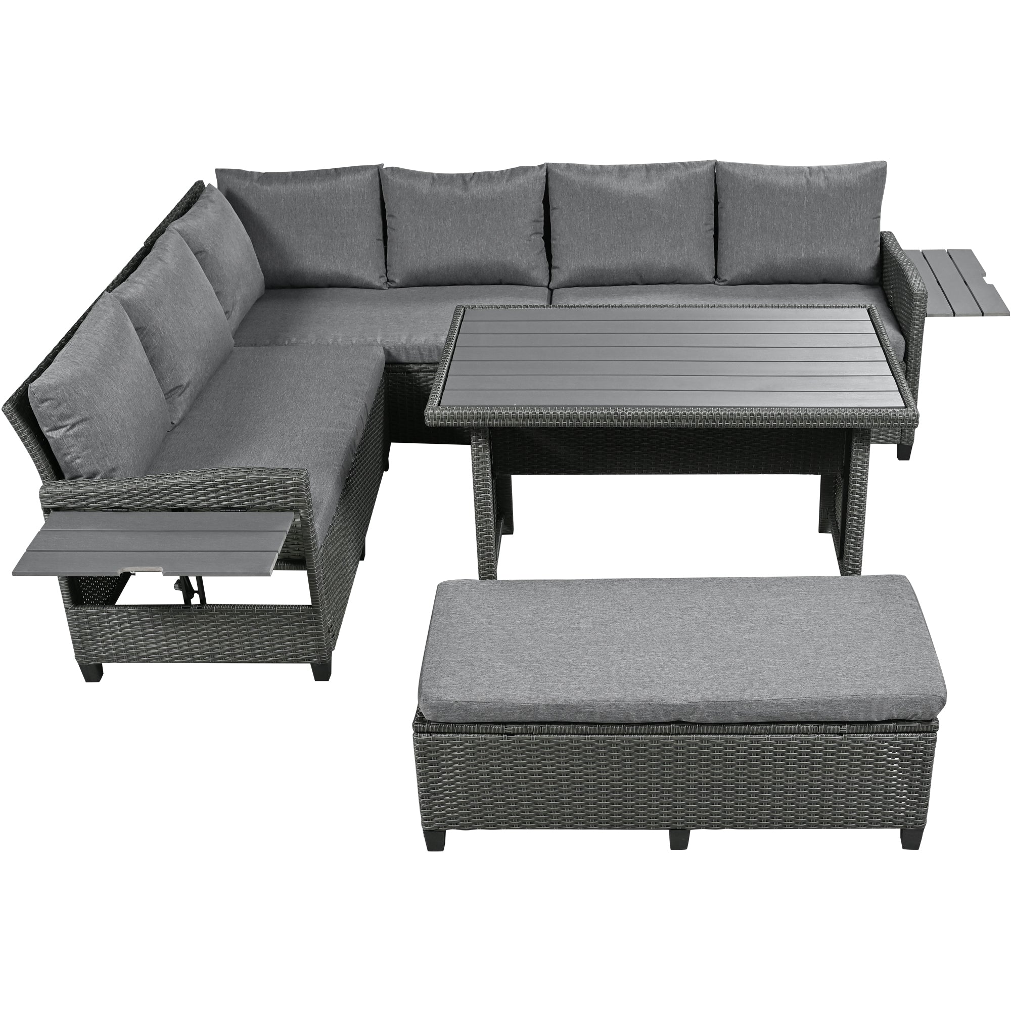 5-Piece Outdoor Wicker Patio Sectional with 2 Extendable Side Tables, Dining Table and Washable Covers