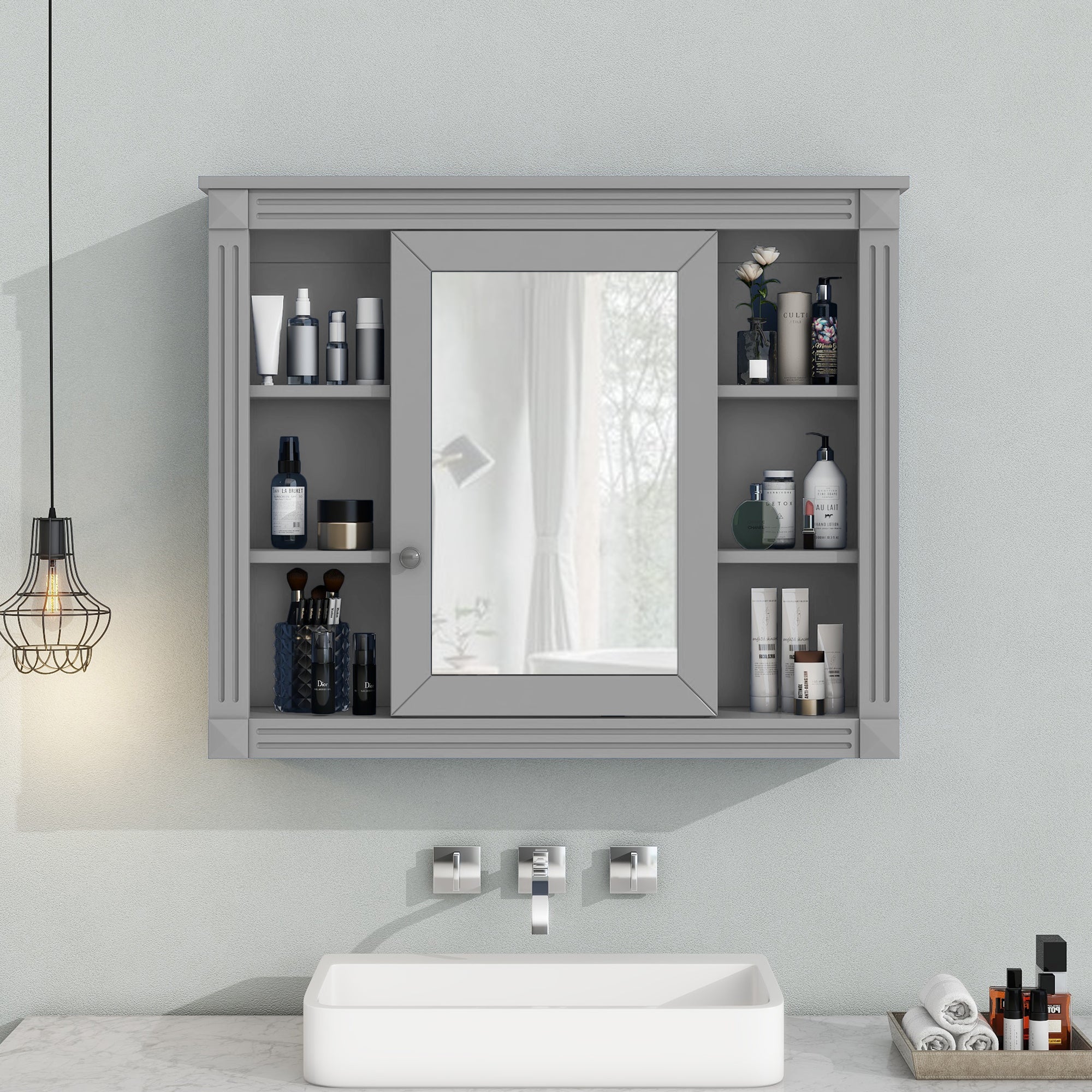 35"   Manufactured Wood Surface Mount Medicine Cabinet with Mirror and Open Shelves