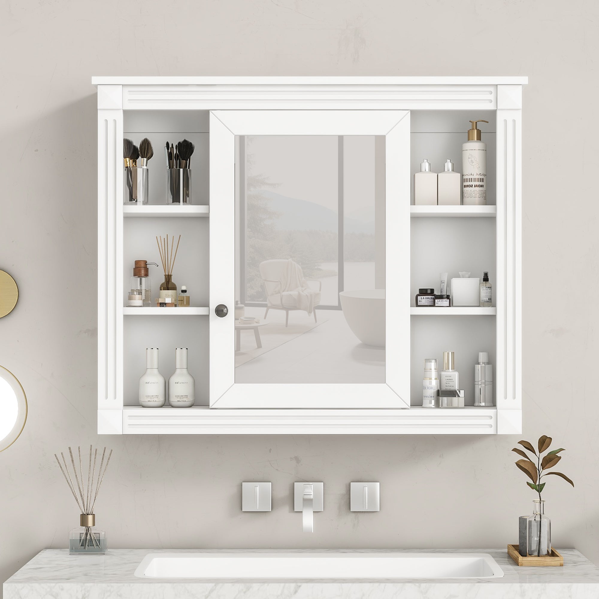 35"   Manufactured Wood Surface Mount Medicine Cabinet with Mirror and Open Shelves