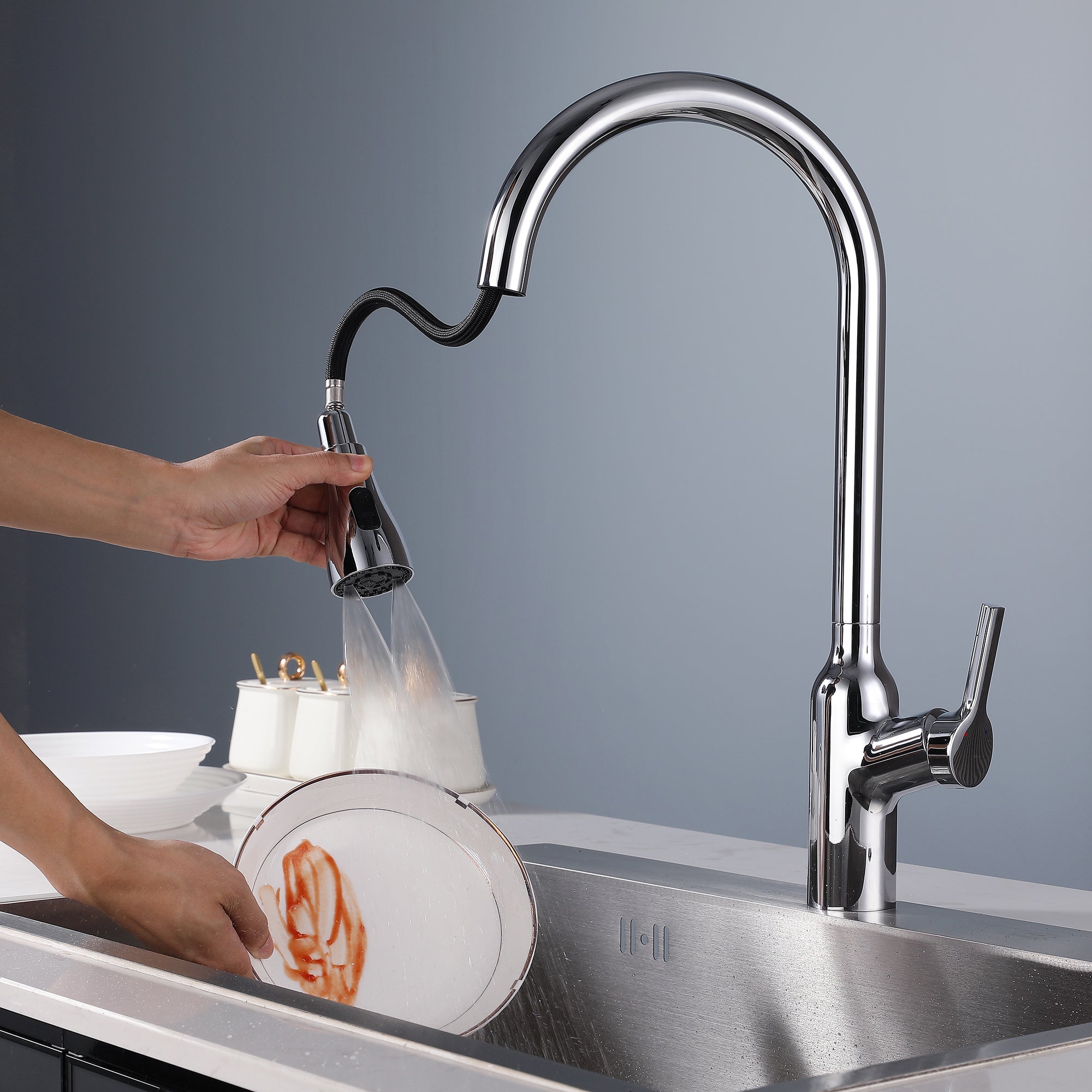 Single Handle Deck Mounted High Arc Pull Down Brass Kitchen Faucet(606)