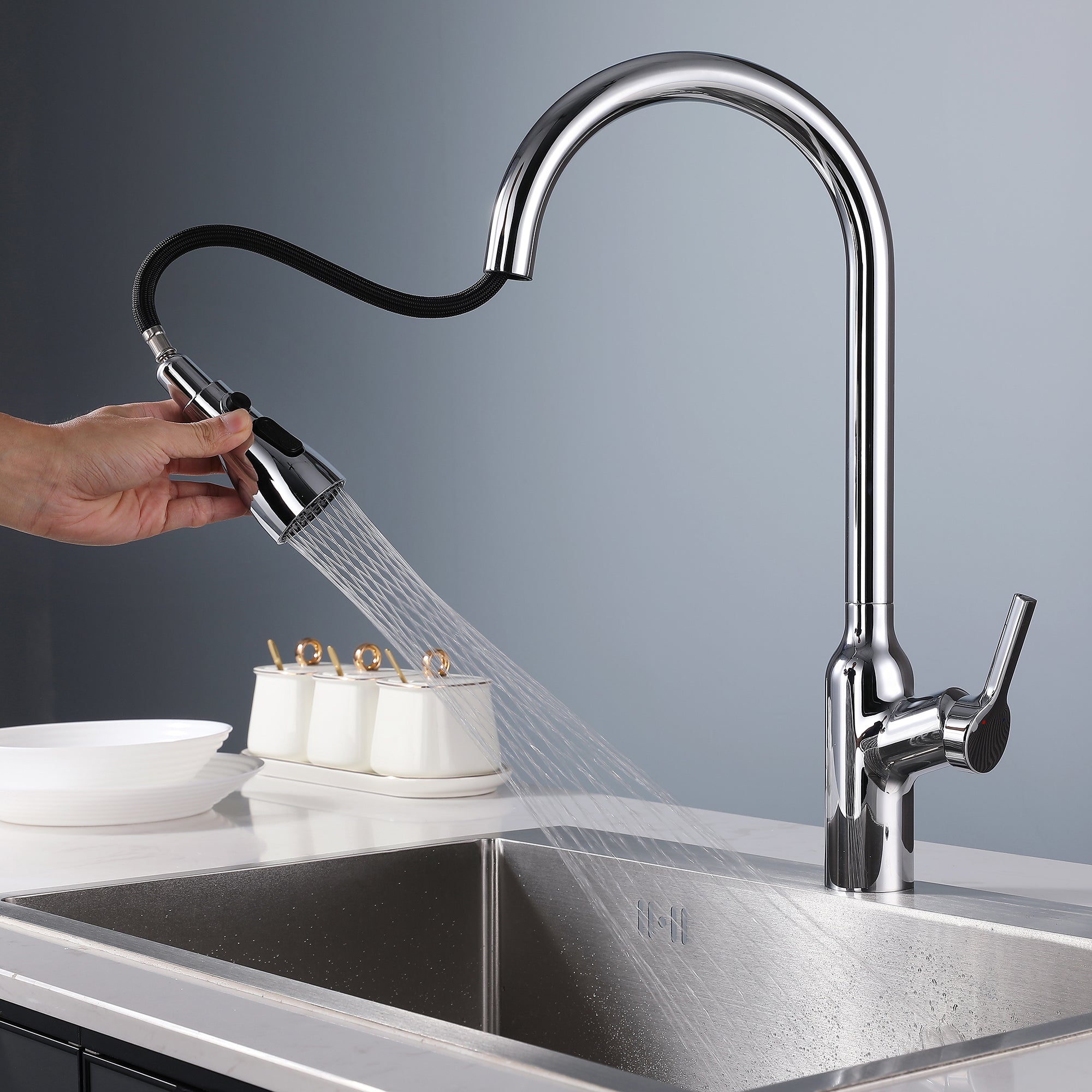 Single Handle Deck Mounted High Arc Pull Down Brass Kitchen Faucet(606)