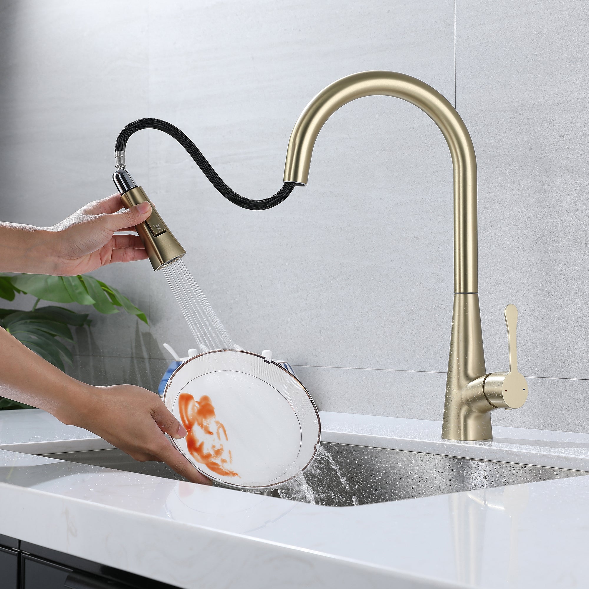 Single Handle Deck Mounted High Arc Pull Down Brass Kitchen Faucet(610)