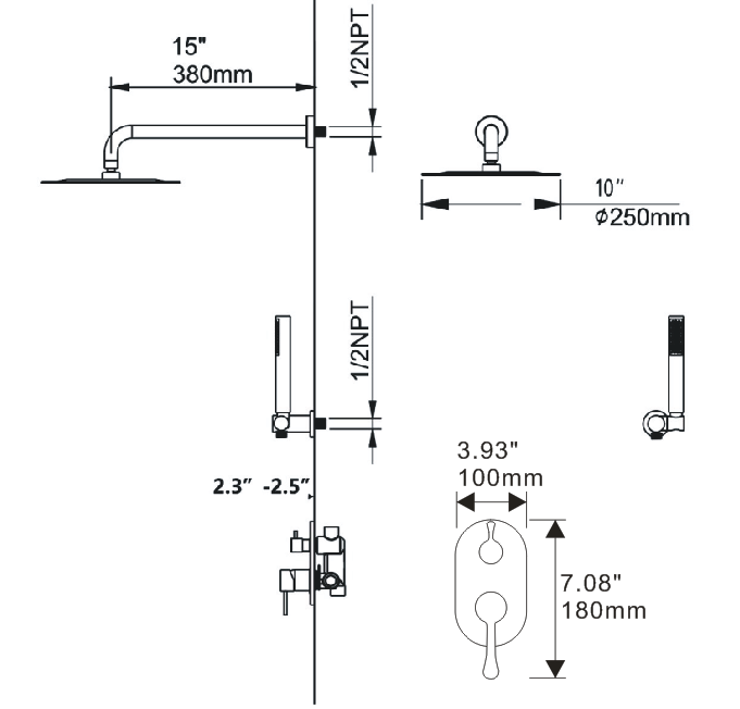 Wall-Mounted Round Shower System Handheld Shower in Matte Black