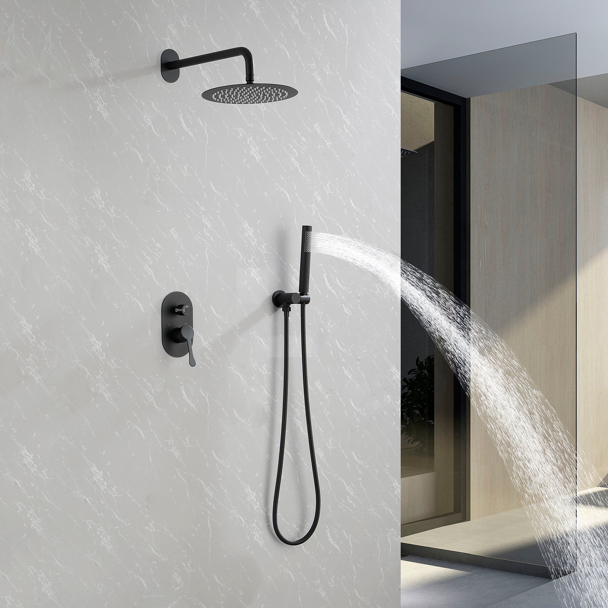 Wall-Mounted Round Shower System Handheld Shower in Matte Black