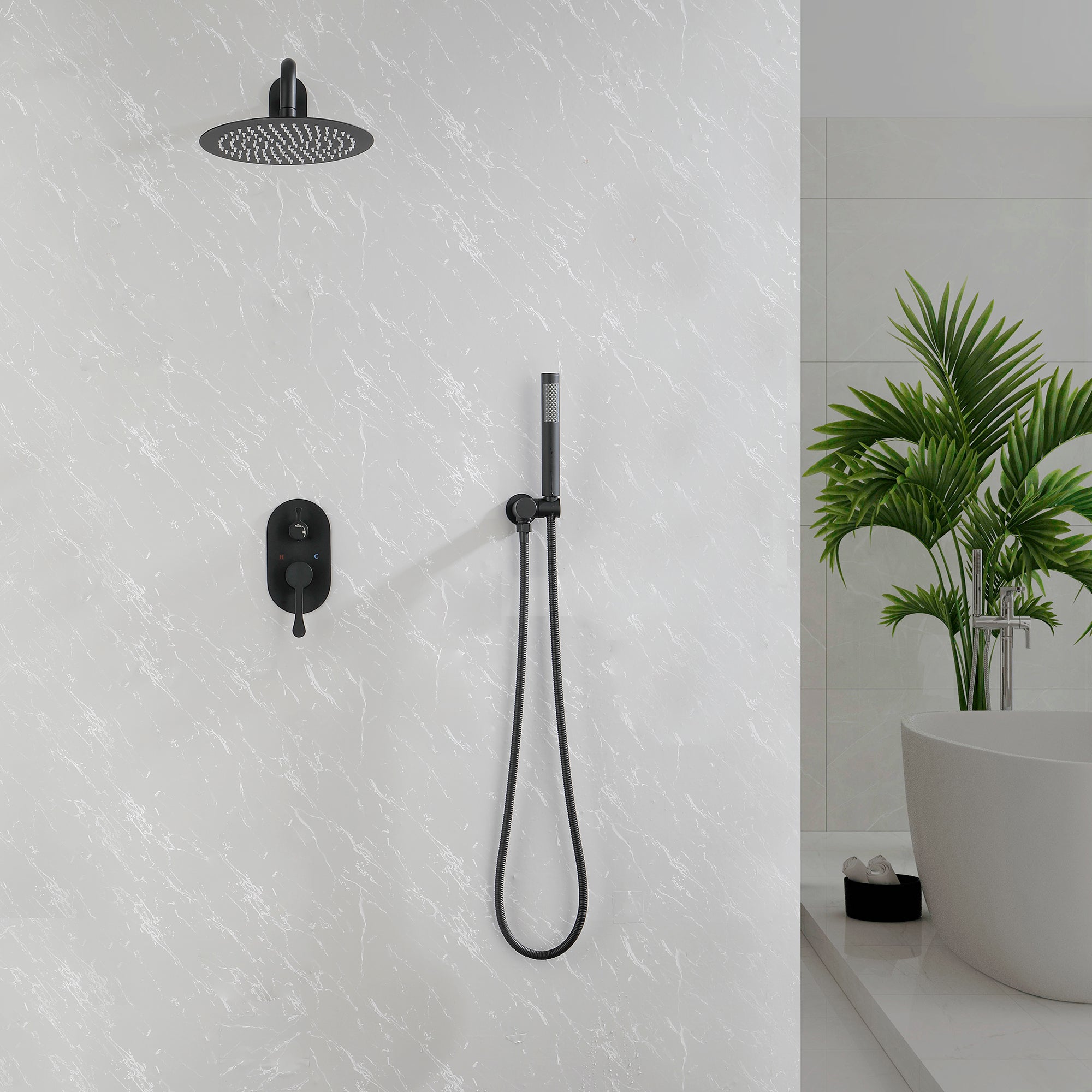 Wall-Mounted Round Shower System Handheld Shower in Matte Black