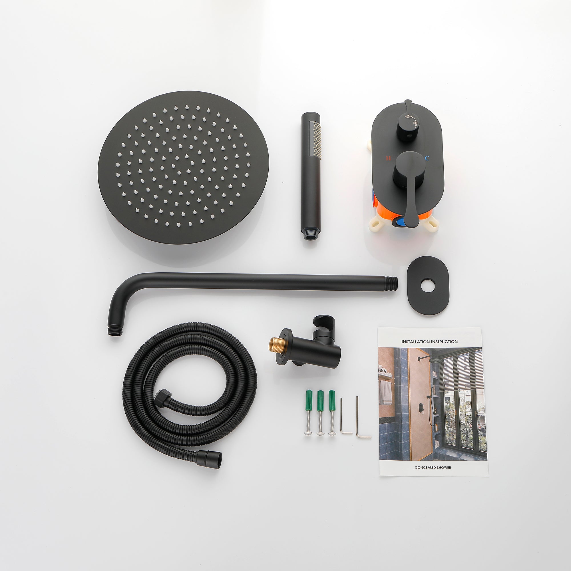 Wall-Mounted Round Shower System Handheld Shower in Matte Black