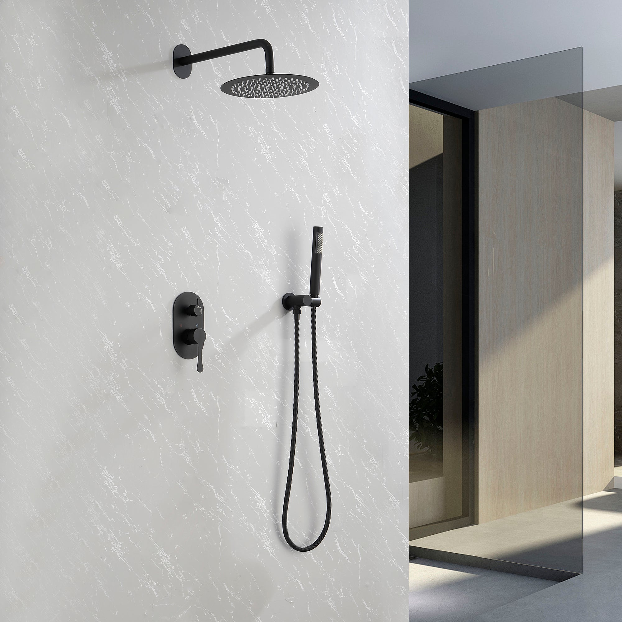 Wall-Mounted Round Shower System Handheld Shower in Matte Black