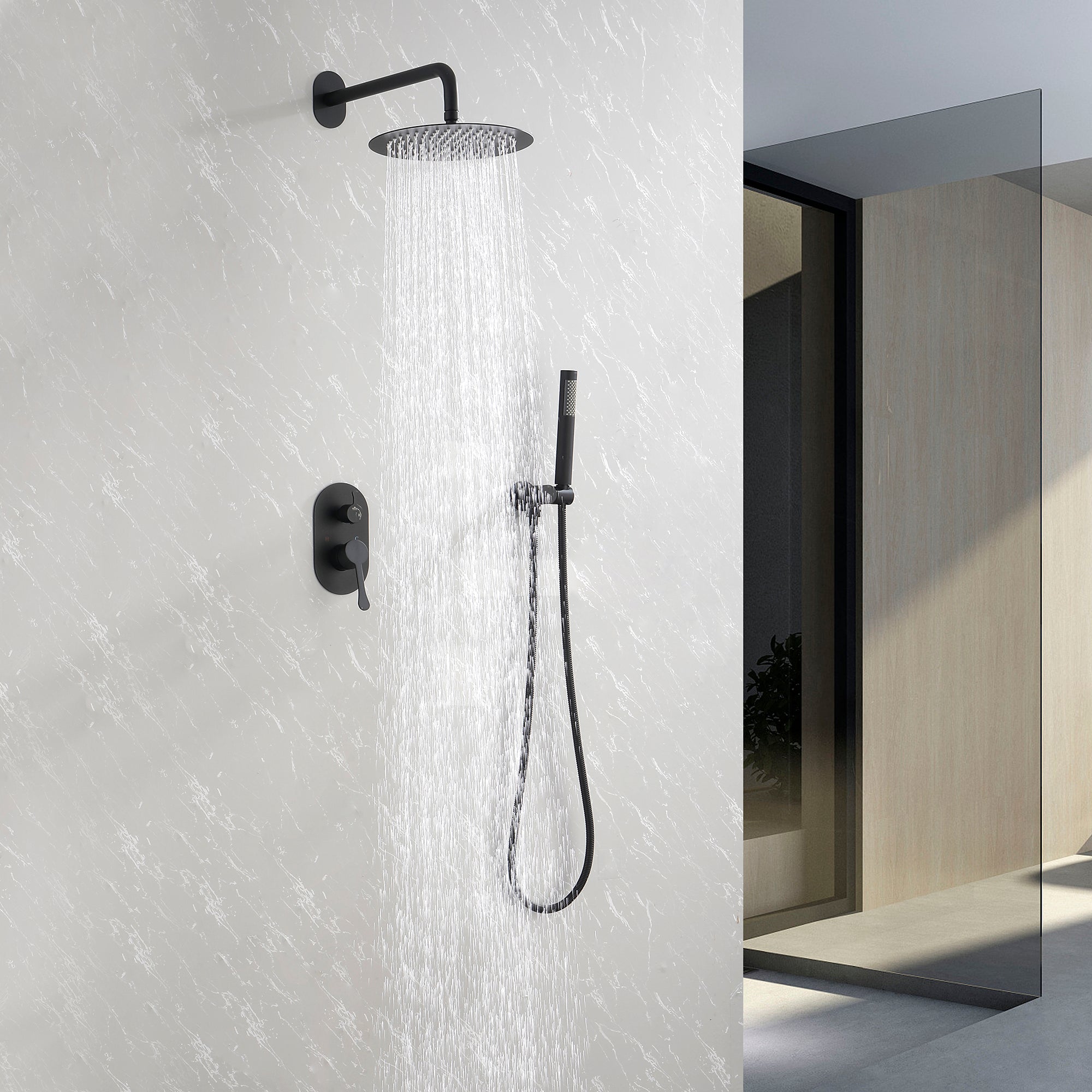 Wall-Mounted Round Shower System Handheld Shower in Matte Black