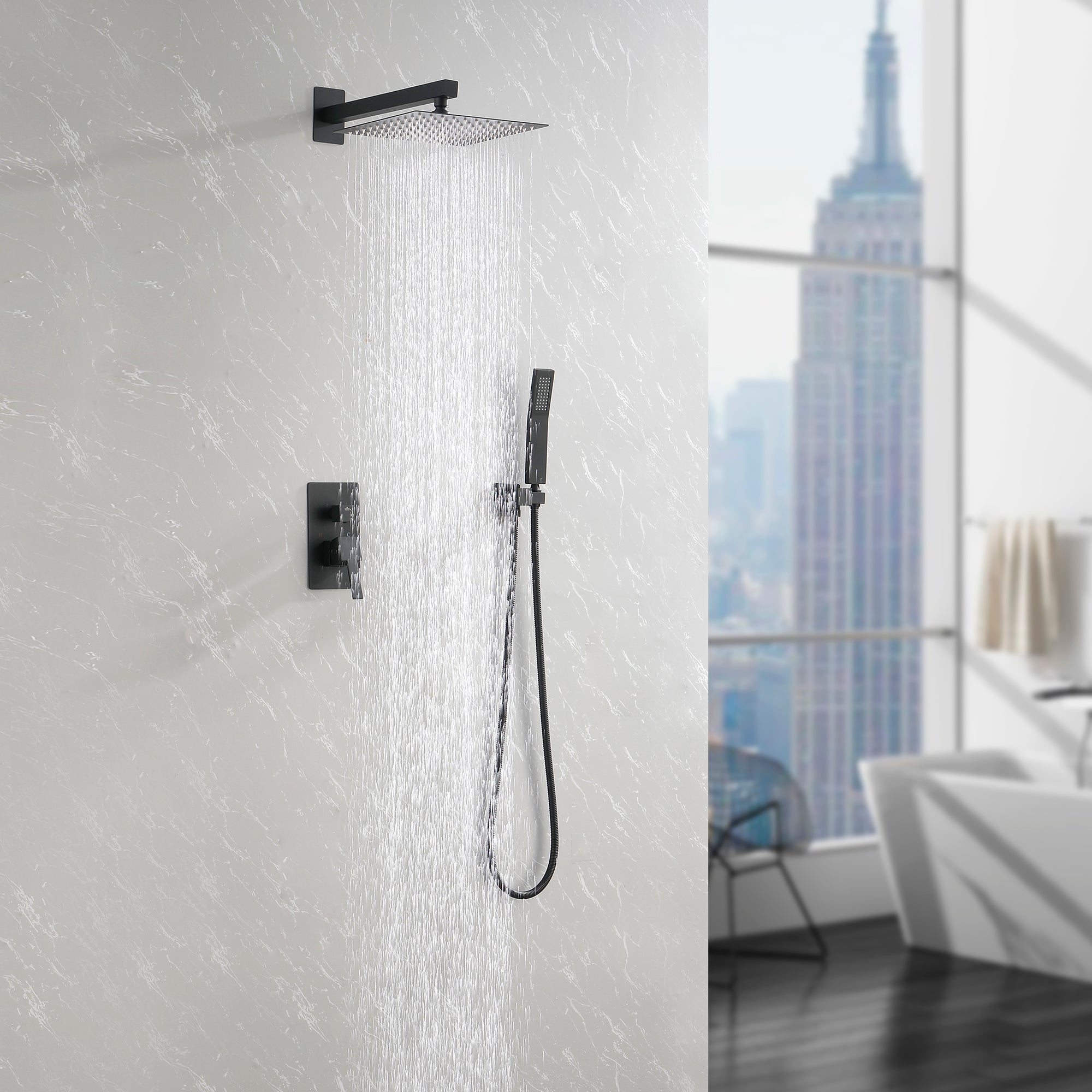 Wall-Mounted Square Shower System Handheld Shower in Matte Black