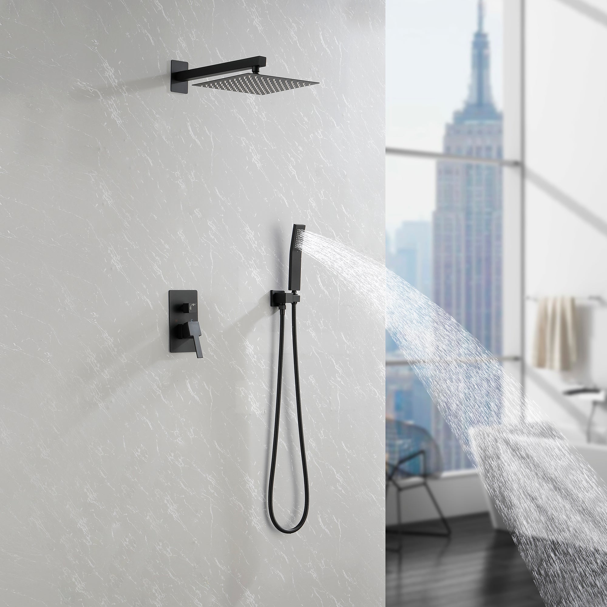 Wall-Mounted Square Shower System Handheld Shower in Matte Black