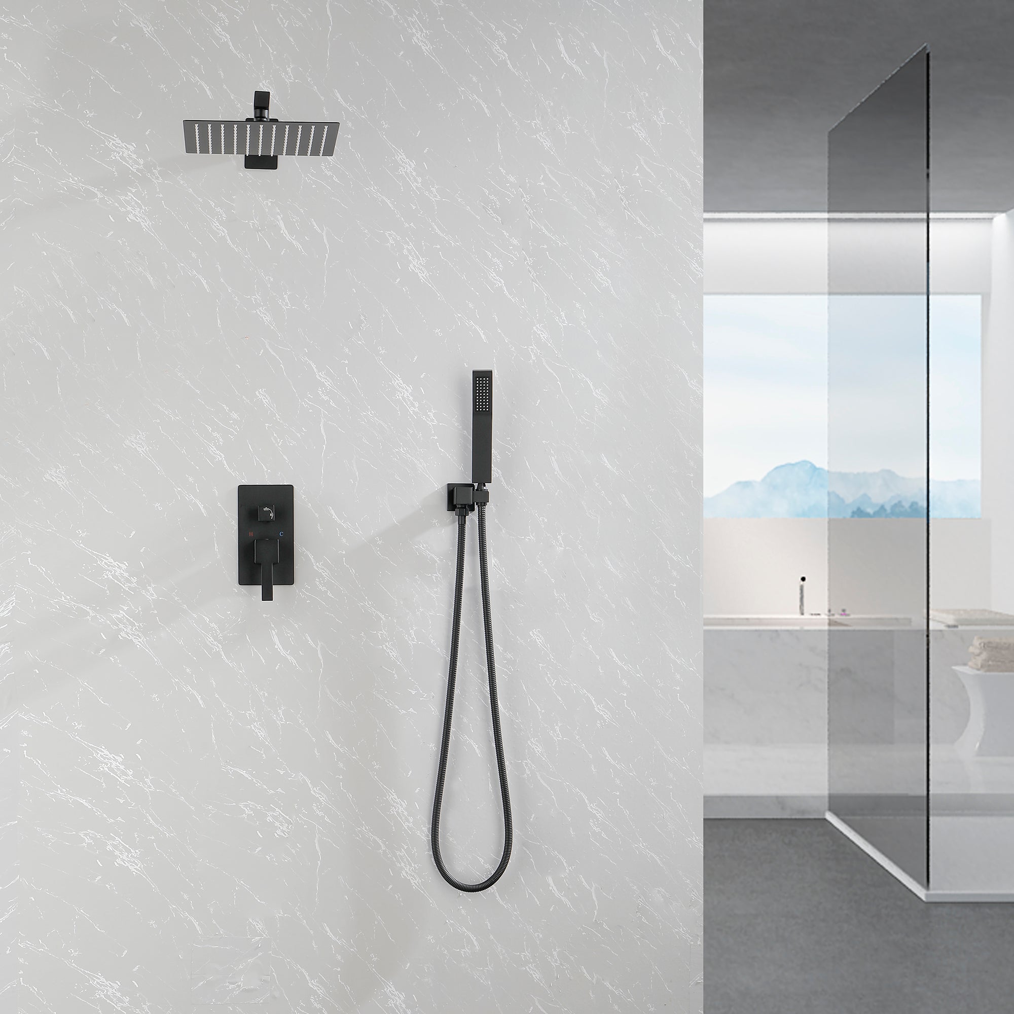 Wall-Mounted Square Shower System Handheld Shower in Matte Black