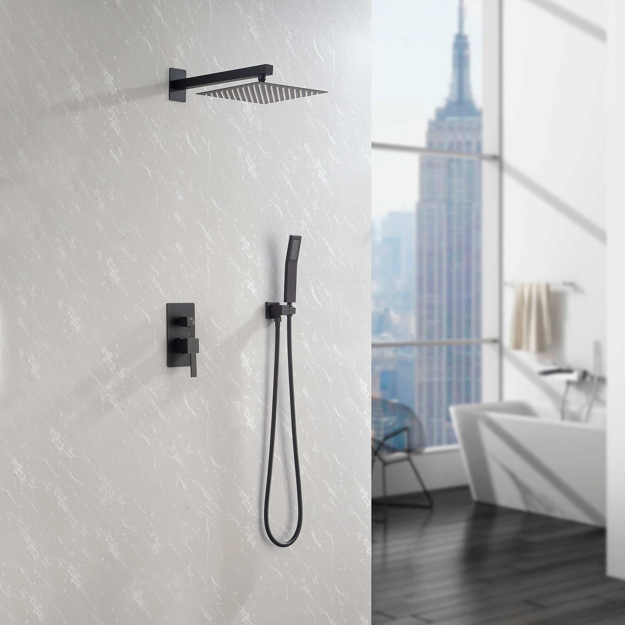 Wall-Mounted Square Shower System Handheld Shower in Matte Black