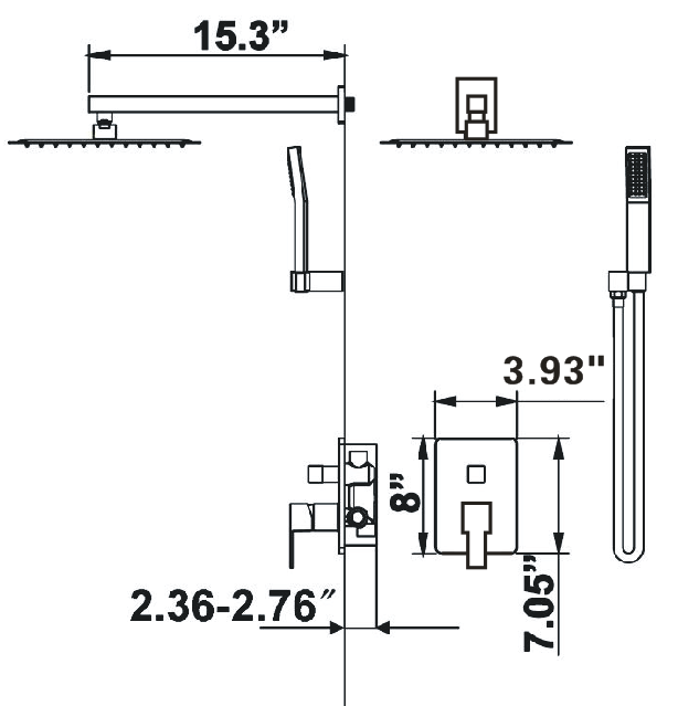 Wall-Mounted Square Shower System Handheld Shower in Matte Black