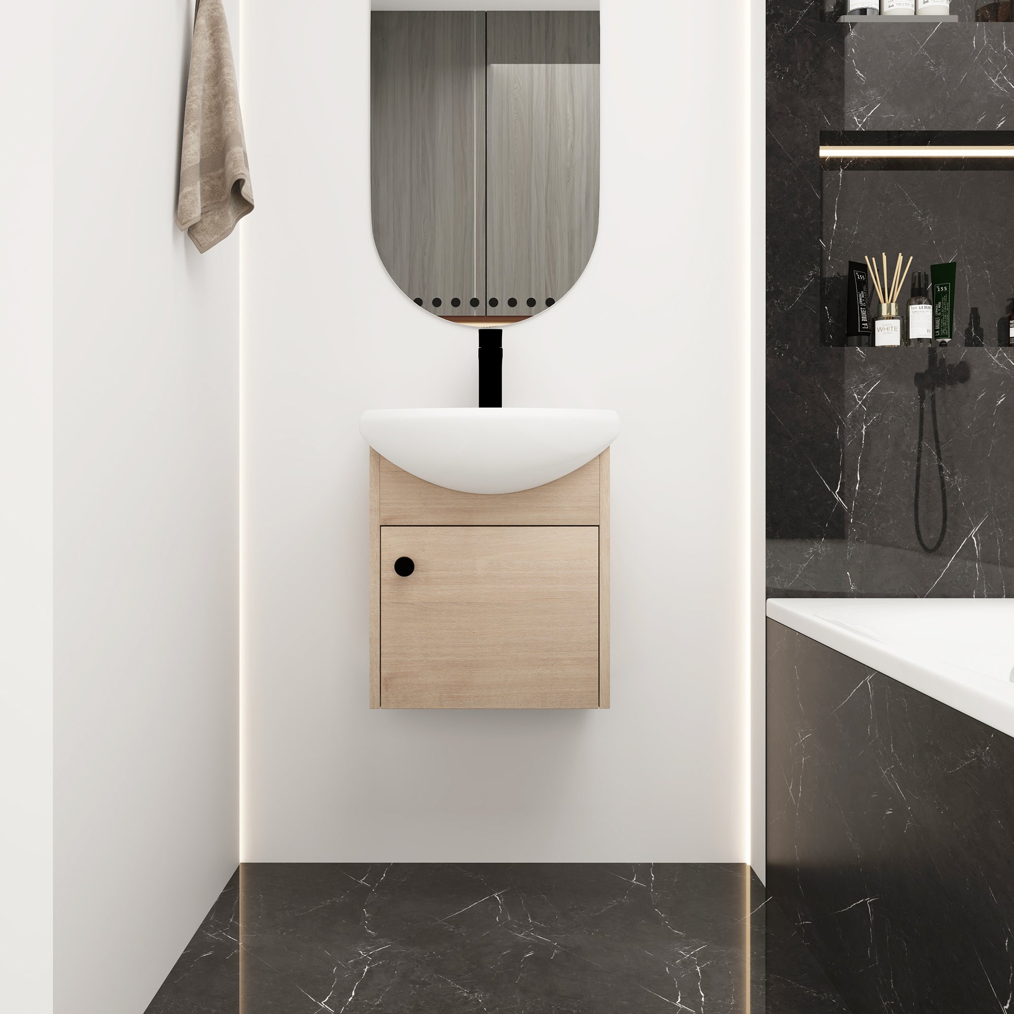 18 Inch Wall Mounting Design Bathroom Vanity in Plain Light Oak With Ceramic Sink
