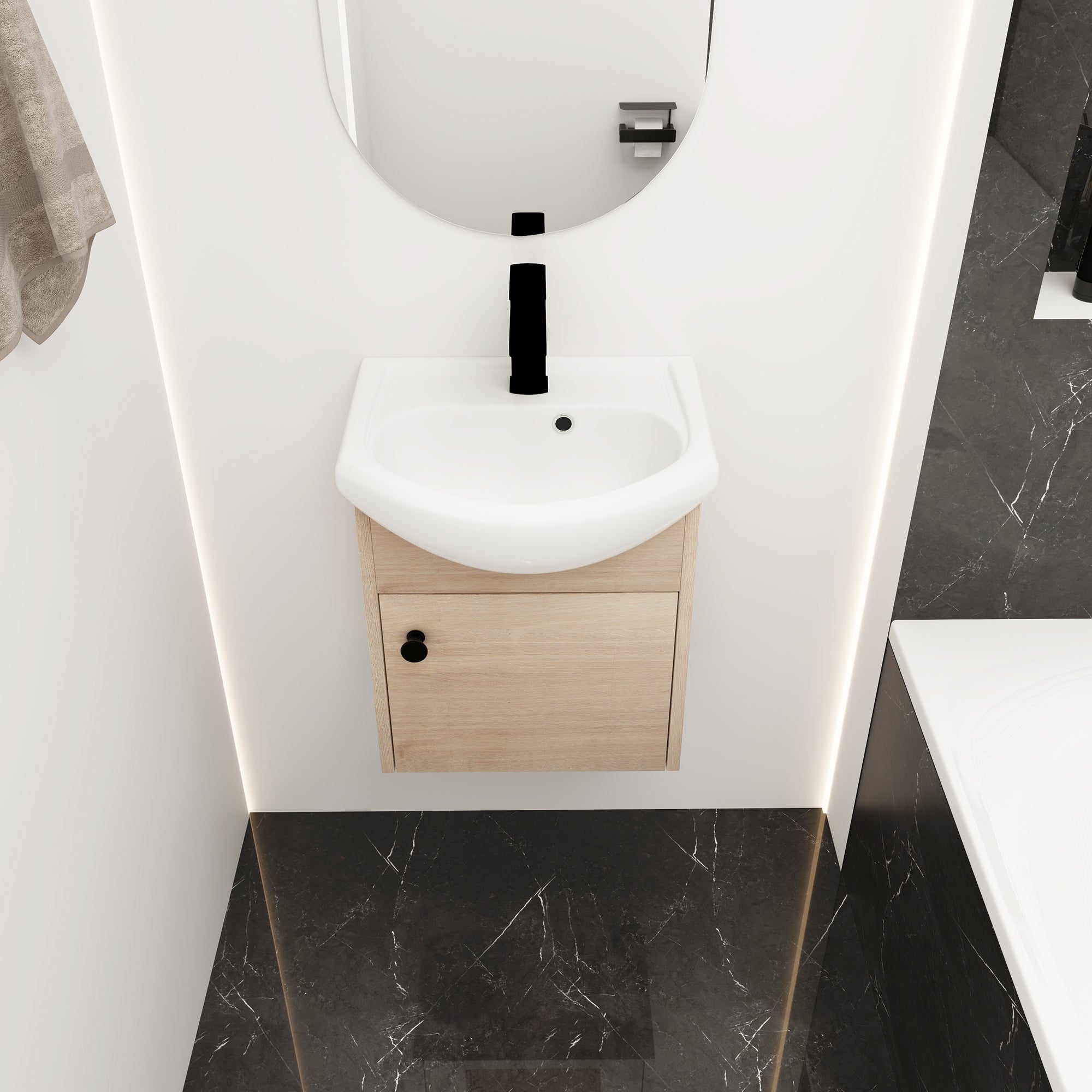 18 Inch Wall Mounting Design Bathroom Vanity in Plain Light Oak With Ceramic Sink