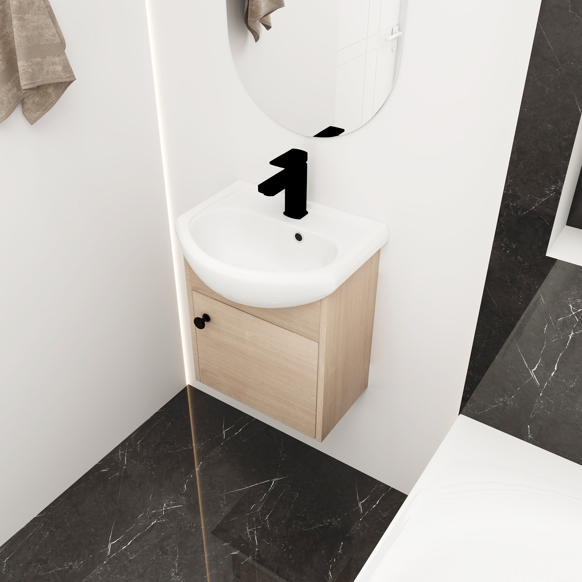18 Inch Wall Mounting Design Bathroom Vanity in Plain Light Oak With Ceramic Sink