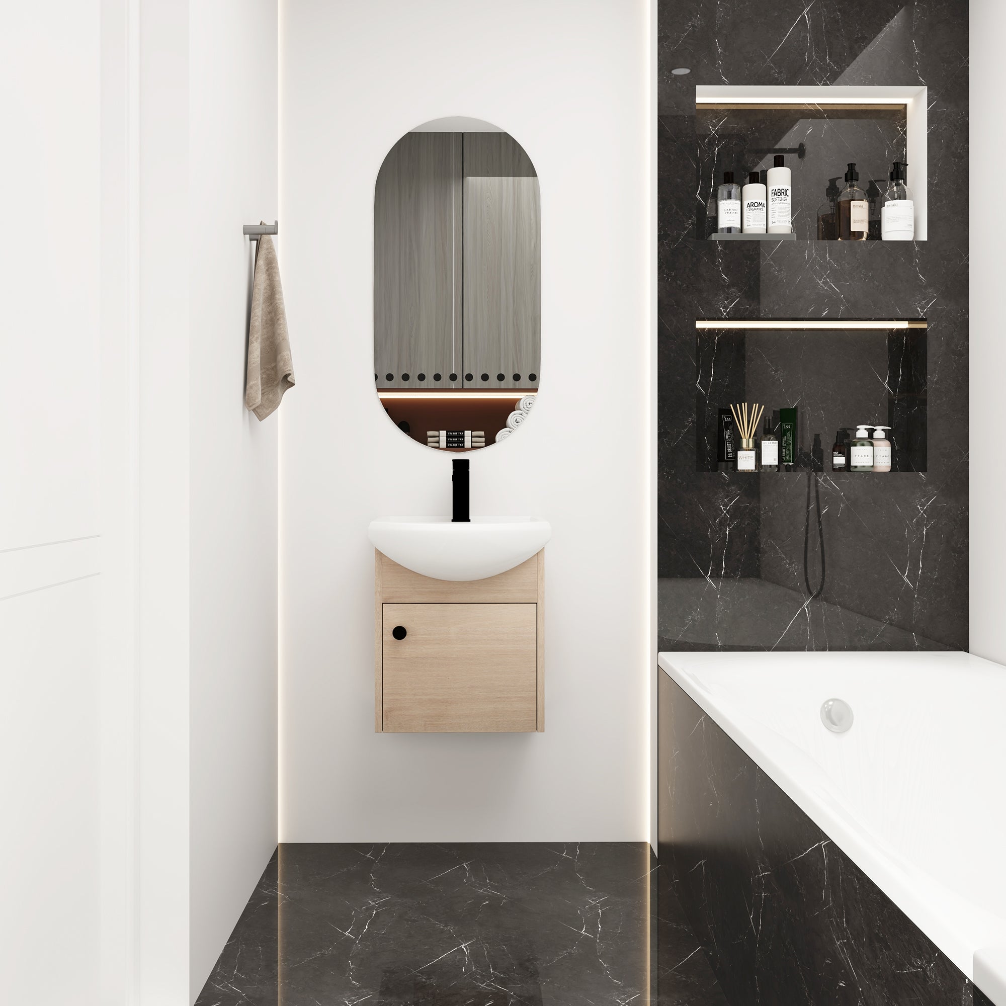 18 Inch Wall Mounting Design Bathroom Vanity in Plain Light Oak With Ceramic Sink