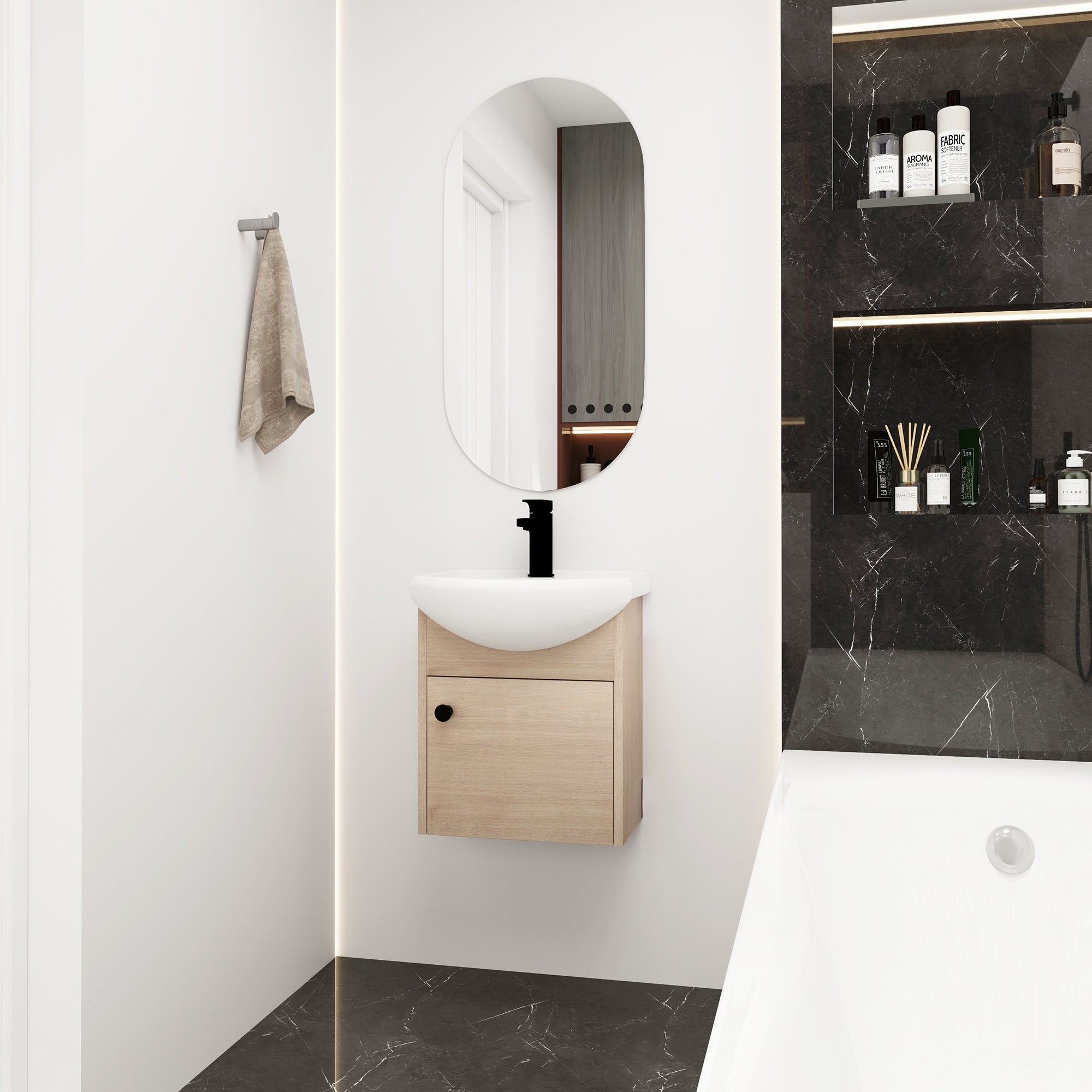 18 Inch Wall Mounting Design Bathroom Vanity in Plain Light Oak With Ceramic Sink
