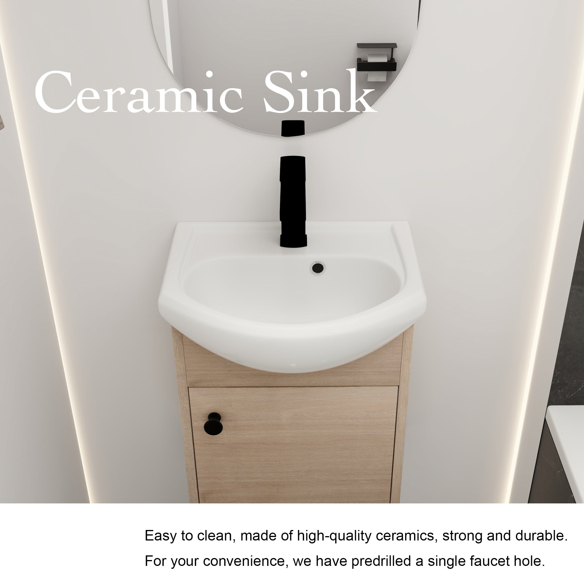 18 Inch Wall Mounting Design Bathroom Vanity in Plain Light Oak With Ceramic Sink