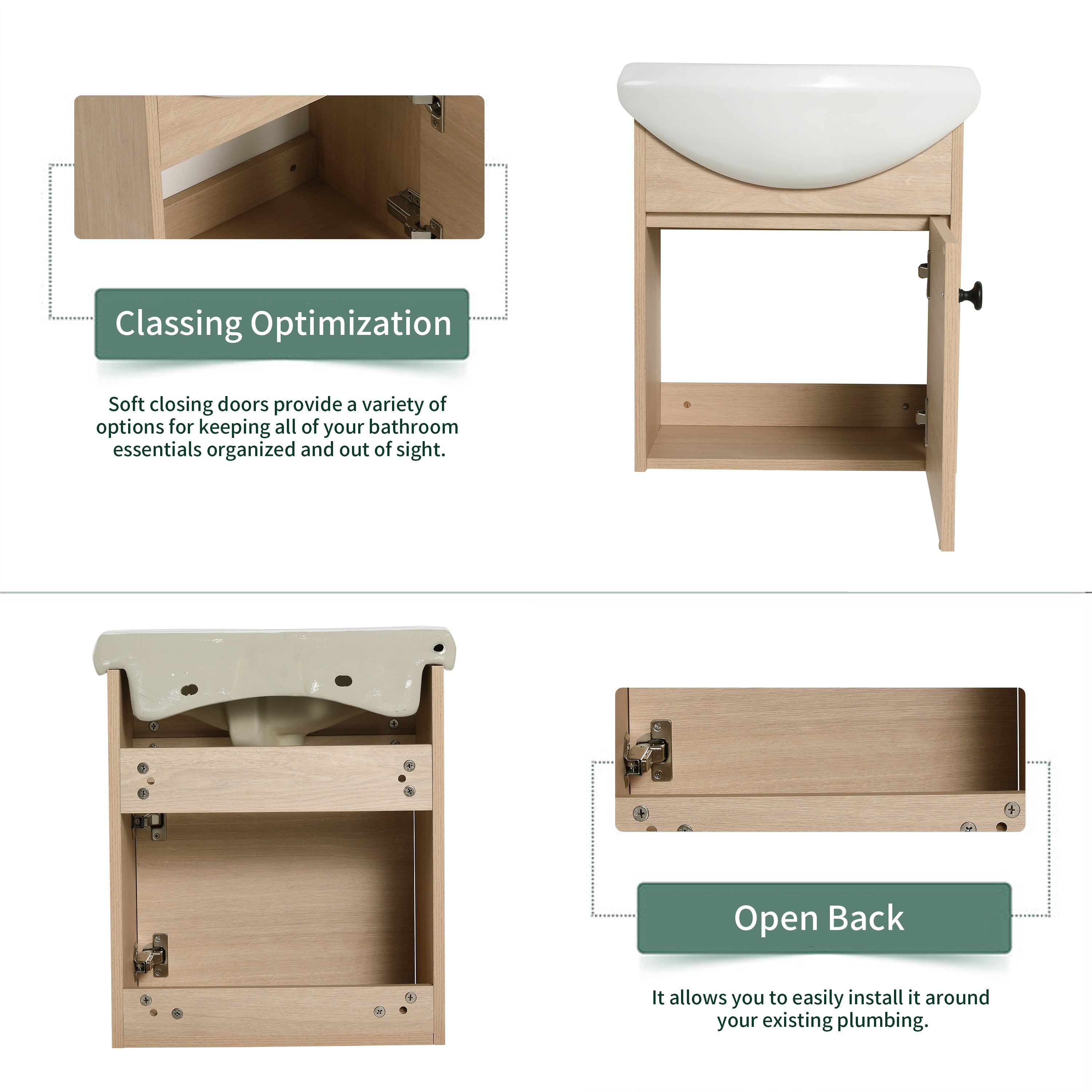 18 Inch Wall Mounting Design Bathroom Vanity in Plain Light Oak With Ceramic Sink