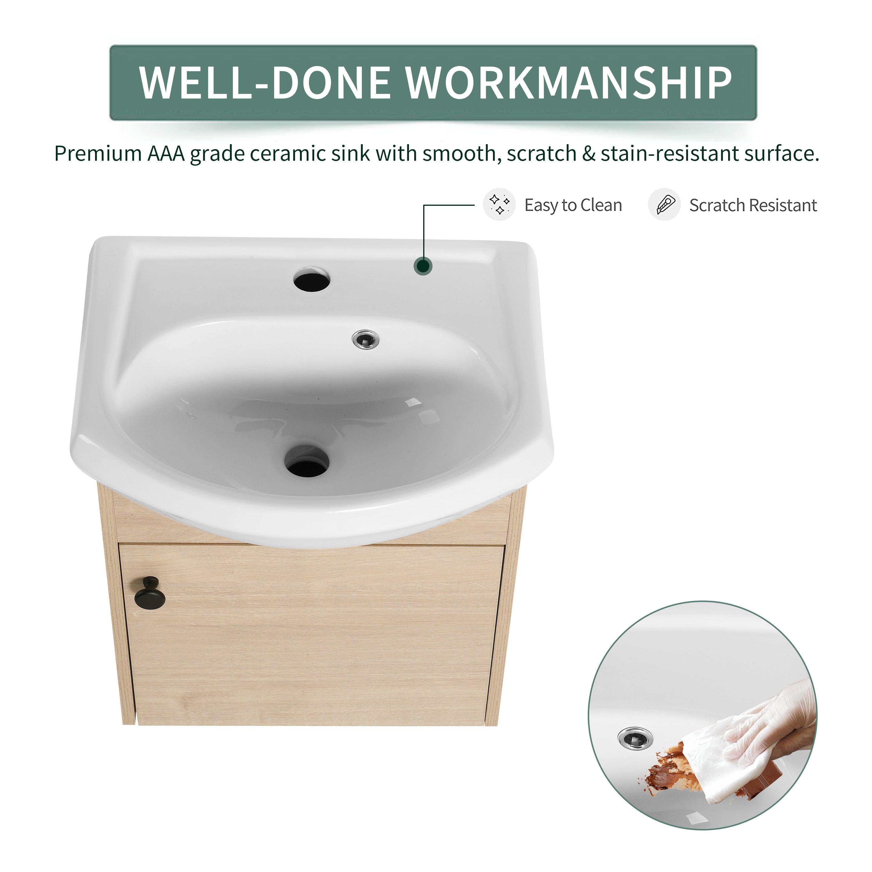18 Inch Wall Mounting Design Bathroom Vanity in Plain Light Oak With Ceramic Sink