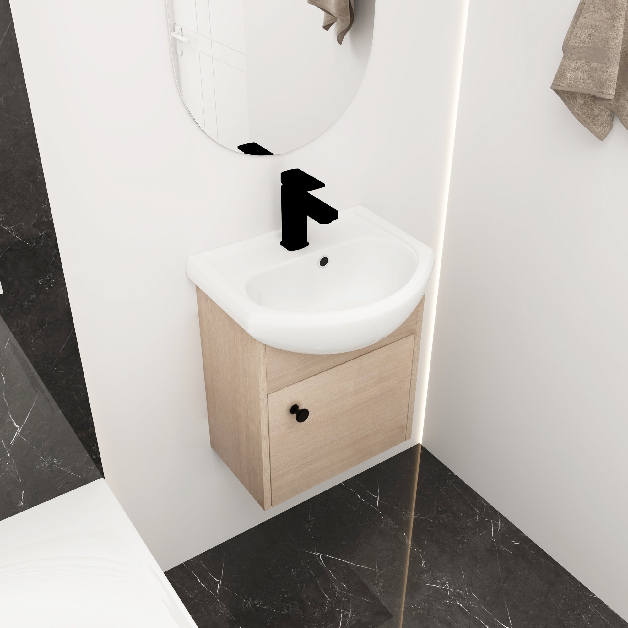 18 Inch Wall Mounting Design Bathroom Vanity in Plain Light Oak With Ceramic Sink