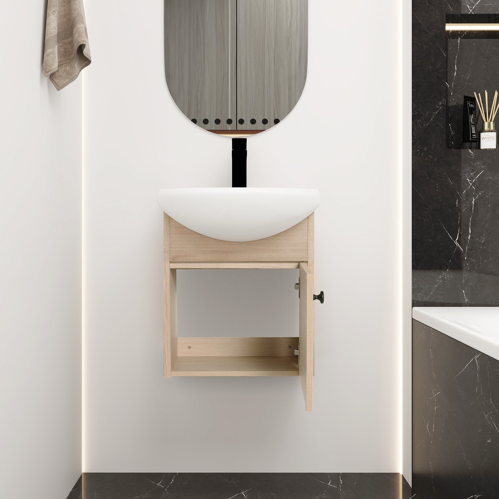 18 Inch Wall Mounting Design Bathroom Vanity in Plain Light Oak With Ceramic Sink