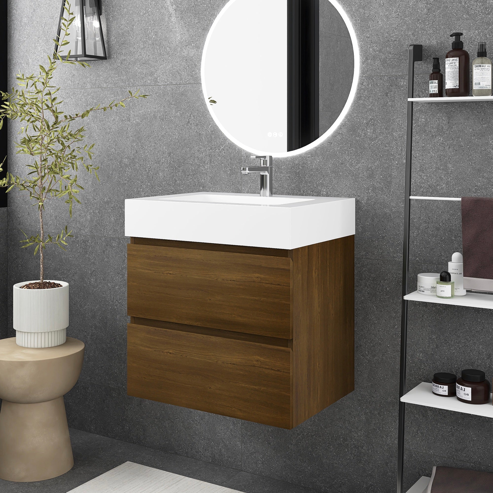 Wall-Mounted Bathroom Vanity Set with 2 Drawers and Solid surface Sink