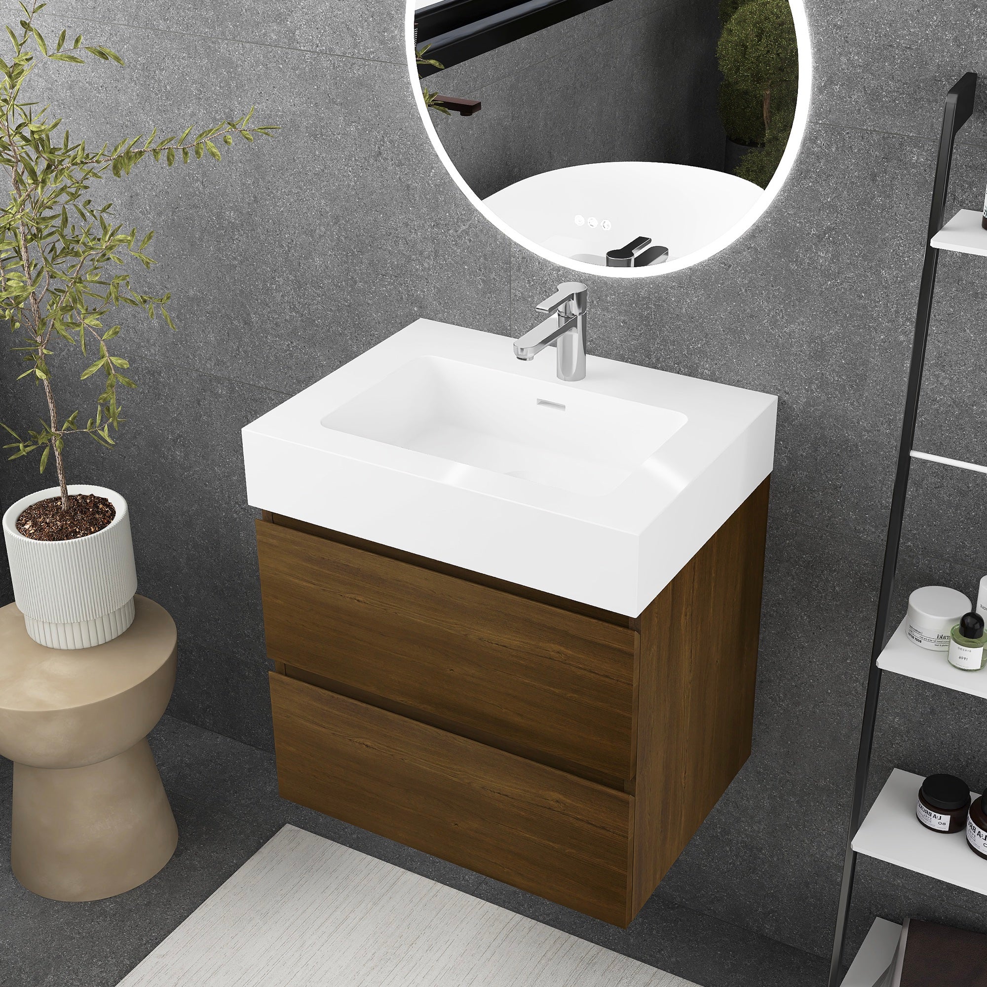 Wall-Mounted Bathroom Vanity Set with 2 Drawers and Solid surface Sink