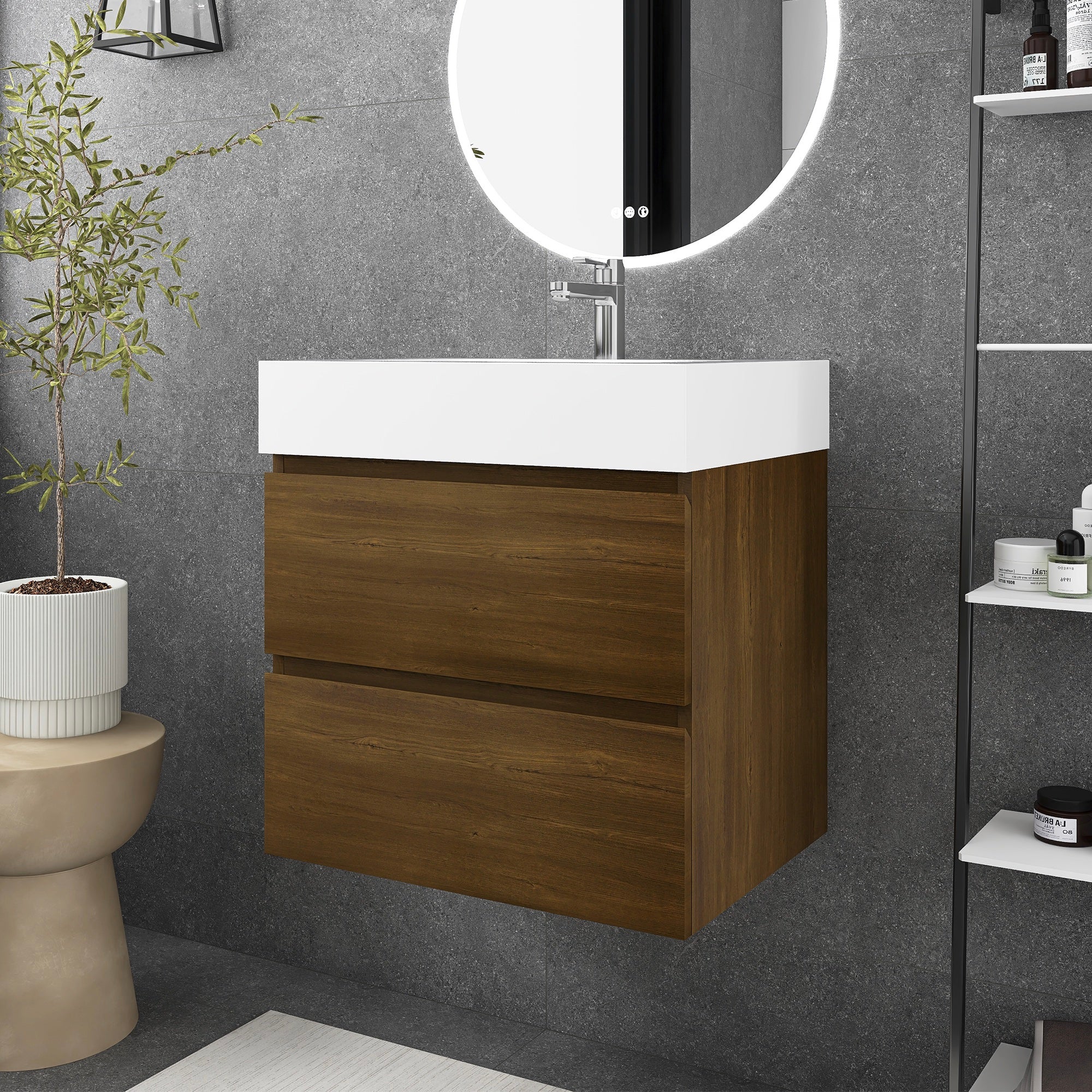 Wall-Mounted Bathroom Vanity Set with 2 Drawers and Solid surface Sink