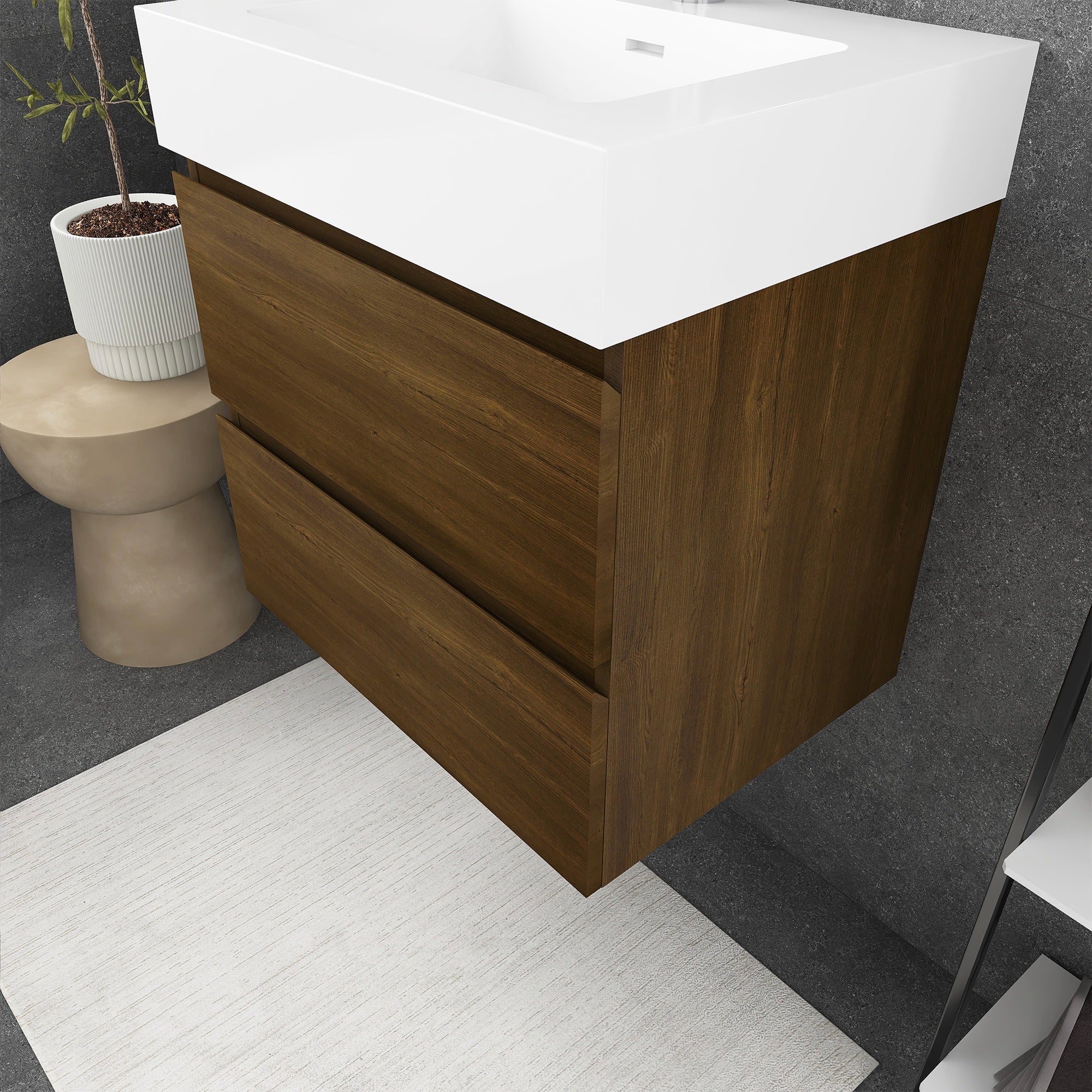 Wall-Mounted Bathroom Vanity Set with 2 Drawers and Solid surface Sink