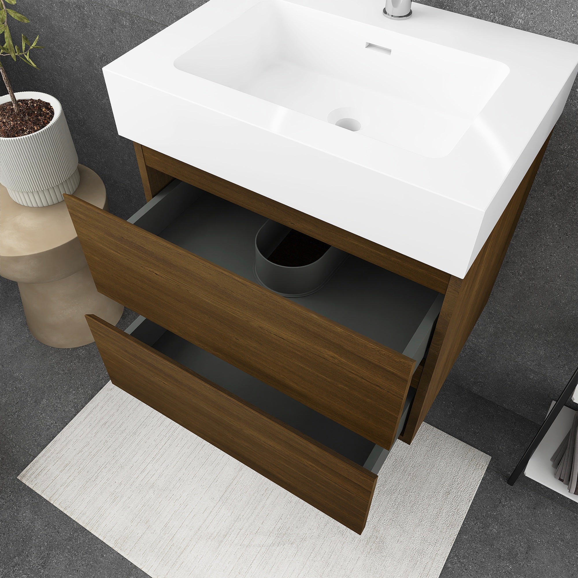 Wall-Mounted Bathroom Vanity Set with 2 Drawers and Solid surface Sink