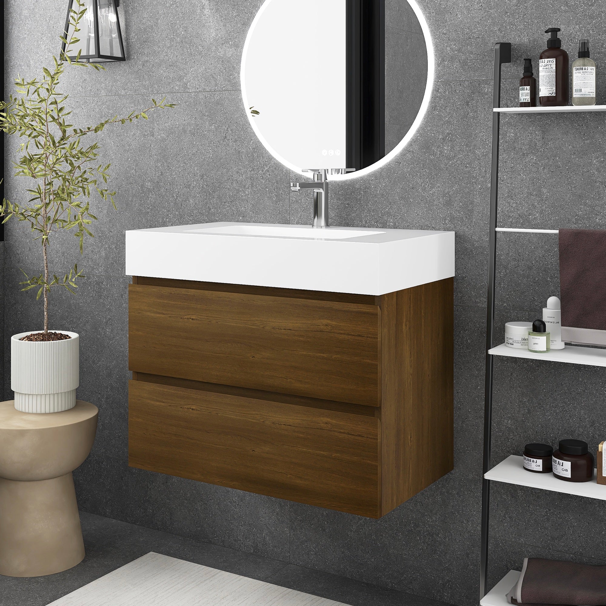 Wall-Mounted Bathroom Vanity Set with 2 Drawers and Solid surface Sink